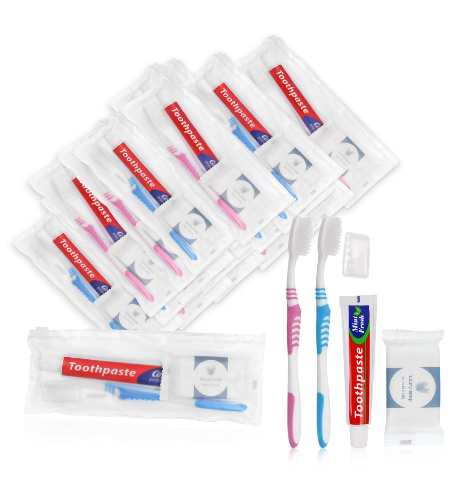 Bulk Disposable Toothbrushes with Toothpaste - Individually Wrapped Travel Kit with Zip Bag Soap & Head Covers | Perfect for Hotels Shelters & Travel (50 Count - Buy Online on GoSupps.com