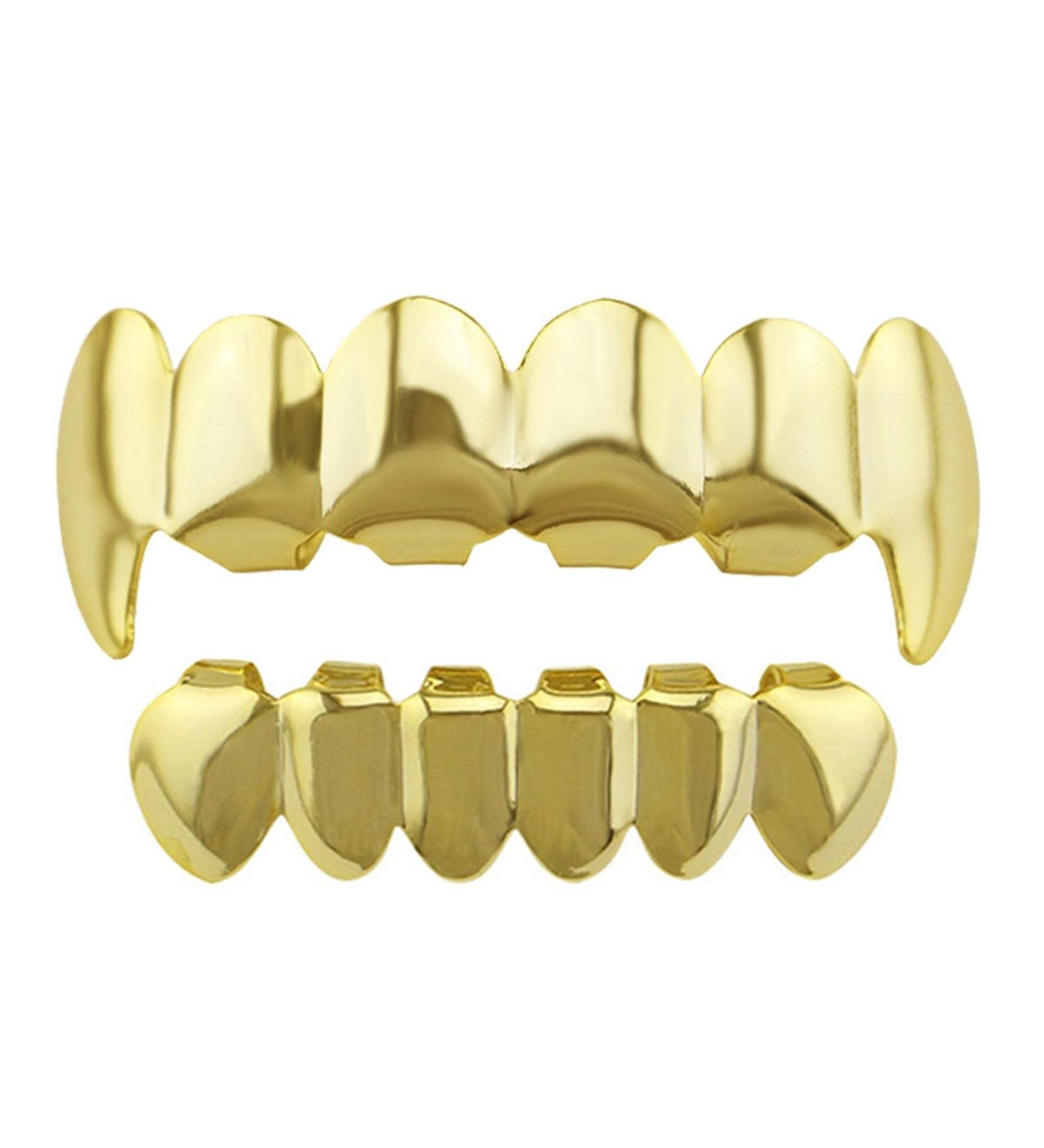 18k Gold Plated Teeth - Shiny 6 Teeth Top and 6 Bottom Set Mouth - Gold Grills for Your Teeth | Rapper Costume Teeth Accessories for Men and Women A: Golden fangs - Buy Online on GoSupps.com