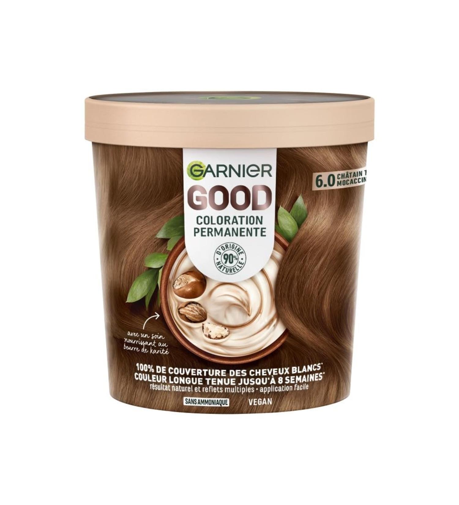 Garnier - Coloration Permanente - Sans Ammoniaque - 90% d'Ingr dients d'Origine Naturelle - Formule Vegan - Beurre de Karit - 100% Couverture Cheveux Blancs - Ch tain Tr s Clair Mocaccino (6.0)- Good CHATAIN TRES CLAIR MOCACCINO 6.0 - Buy Online on GoSupps.com