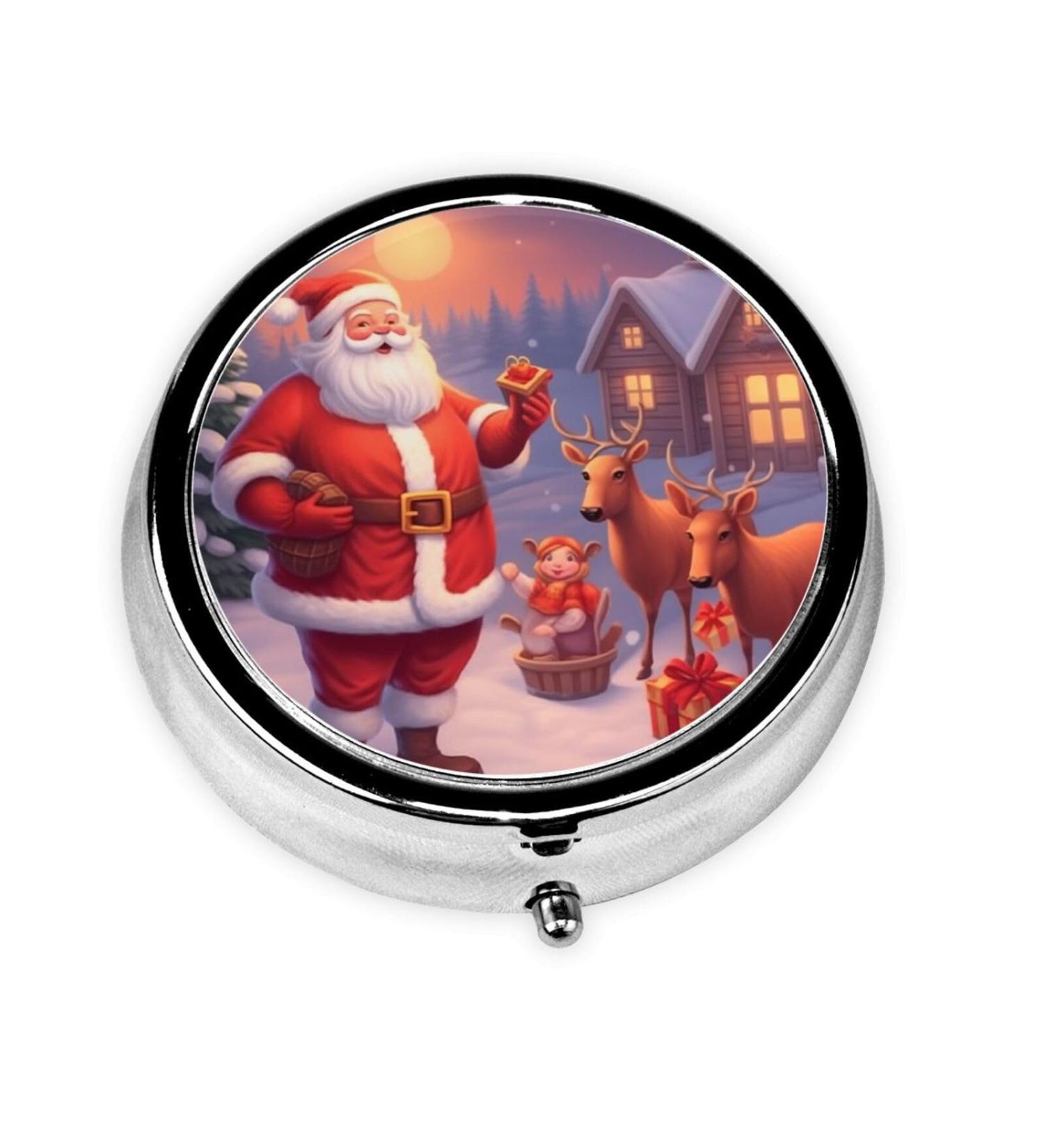 Santa Claus & Deer Portable Metal Pill Box Round Mini 3-Compartment Design for Small Pills | Ideal Travel Accessory - Buy Online on GoSupps.com