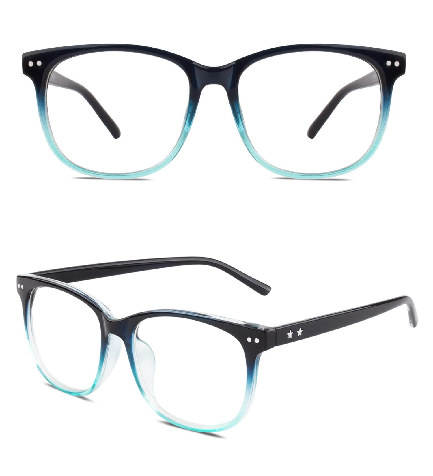 GQUEEN Large Frame Horn Glasses for Women and Men - UV400 Non-Prescription Nerd Glasses - Stylish PE1 1 Blue - International Shipping Available - Buy Online on GoSupps.com