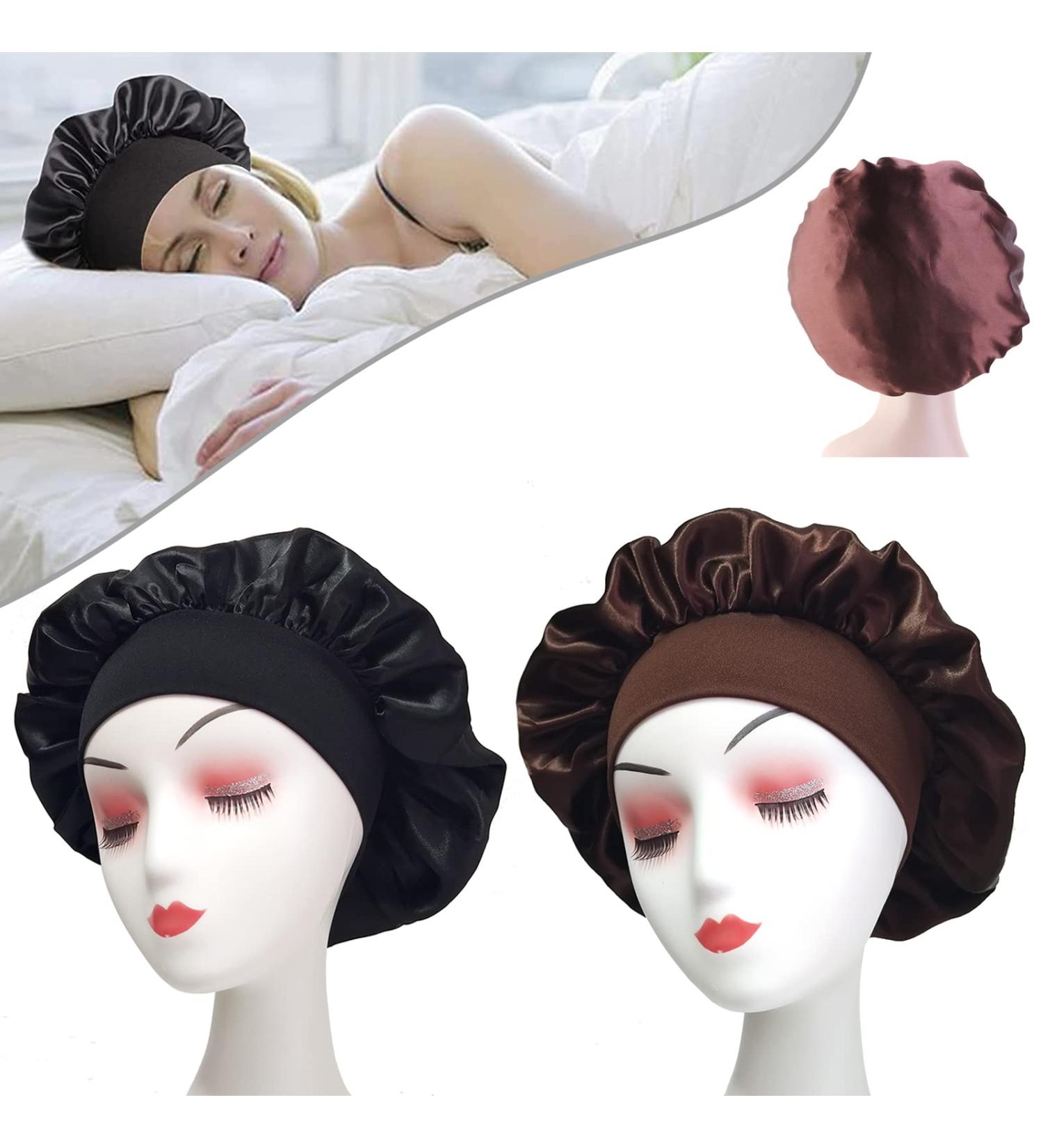 Silk Hair Bonnet for Women - 2 Pack Wide Band Satin Night Sleep Cap for Black Curly Hair - Buy Online on GoSupps.com