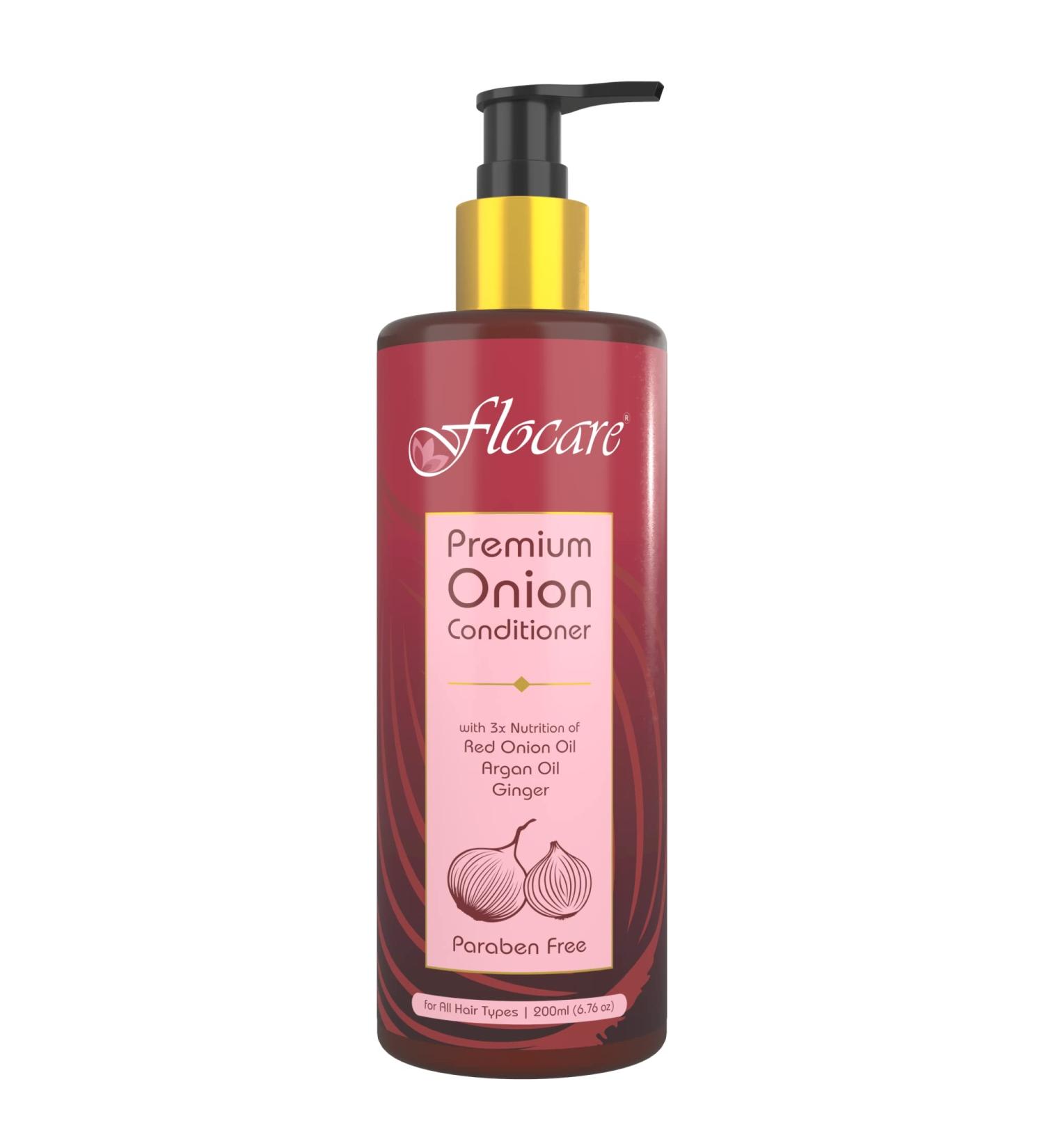 Flocare Red Onion Oil Hair Conditioner for smooth silky strong hair enriched with Ginger Extract Argan Oil Almond Oil & Vitamin E - Buy Online on GoSupps.com