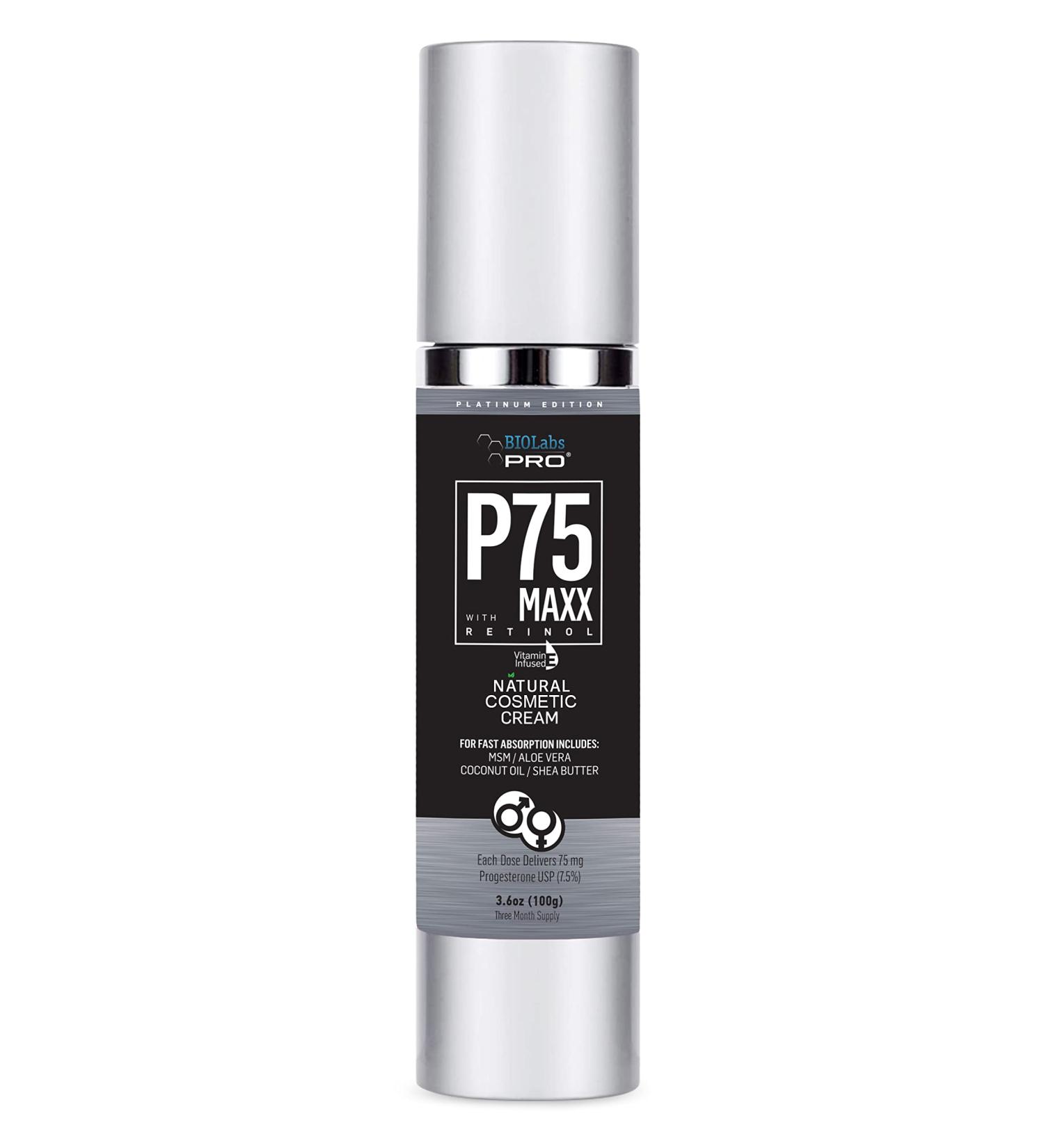 BIOLABS PRO Natural P75 Maxx Progesterone Cream with Retinol - 7000MG - 7.5% Strength - 3 Month Supply - Unscented 3.6oz - Buy Online on GoSupps.com