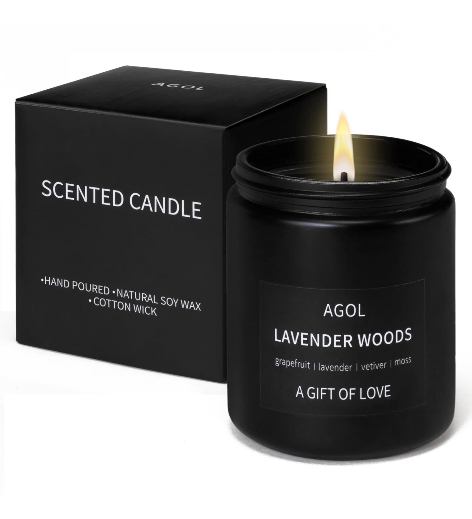 Premium Lavender Woods Scented Candle for Men - Long Lasting 50-Hour Burn | Masculine Black Soy Candle Gift - Buy Online on GoSupps.com