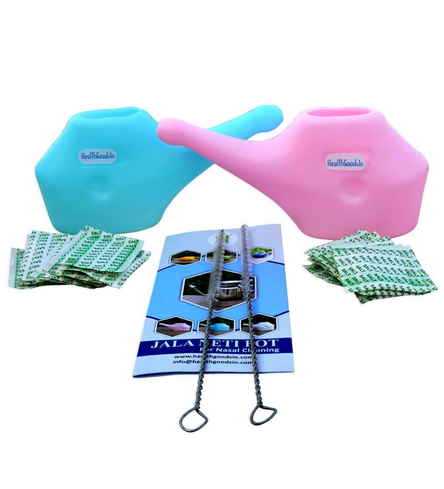 HealthGoodsIn - Set of 2 Traveler s Plastic Neti Pot for Nasal Cleansing with 5 Sachets Salt + 2 Brushes | Compact and Travel-Friendly Design | Natural Treatment for Sinus Infection and Congestion - Buy Online on GoSupps.com