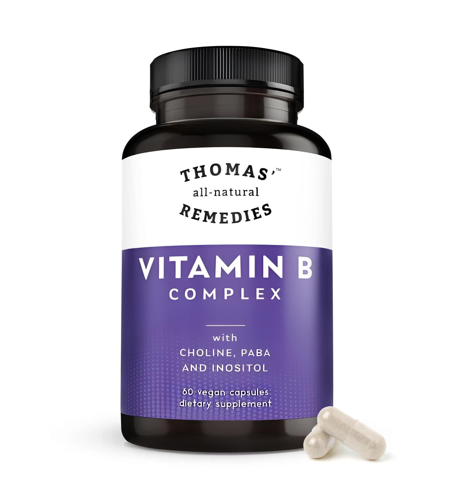 Thomas' all-natural Remedies Vitamin B Complex with Choline PABA & Inositol Supports Energy Metabolism Clarity & Nerve Support Hair Skin Nails Vitamins Made in USA 60 Vegan Capsules - Buy Online on GoSupps.com
