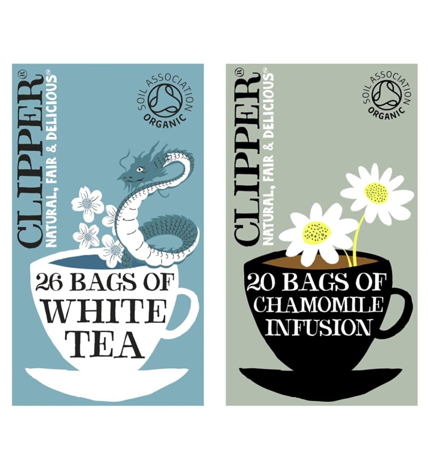 Clipper Organic White Teabags 6 x 26 Teabags & Organic Infusion Chamomile 20 Tea Bags (Pack of 6) + Chamomile 20 Tea Bags - Buy Online on GoSupps.com