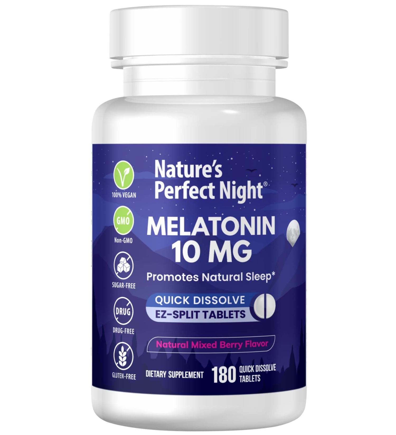 Nature's Perfect Night | Melatonin 10mg | 180 Quick Dissolve Tablets | Natural Mixed Berry Flavor |High Potency | Sugar Free | Vegan | Gluten Free | Value Size - Buy Online on GoSupps.com