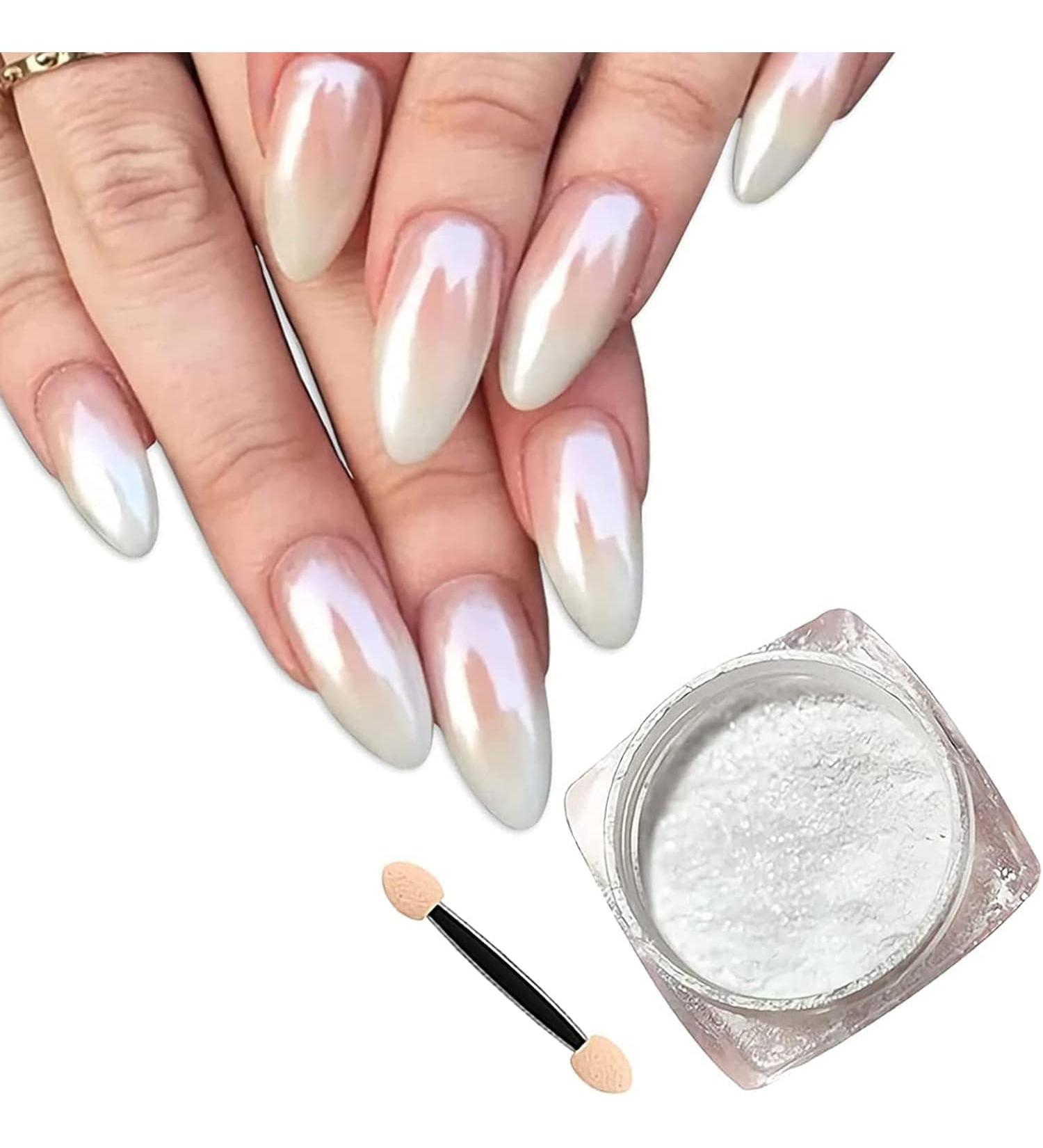 White Pearl Chrome Nail Powder - Pearlescent Iridescent Glitter Nail Art for Mermaid Pearl Neon DIY - Metallic Pigment with Sponge Stick - Buy Online on GoSupps.com