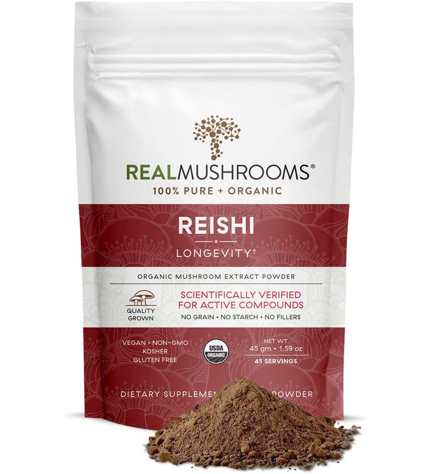 Real Mushrooms Reishi Mushroom Extract - 45 Servings, Vegan, Organic, Non-GMO Powder for Longevity & Relaxation - Buy Online on GoSupps.com