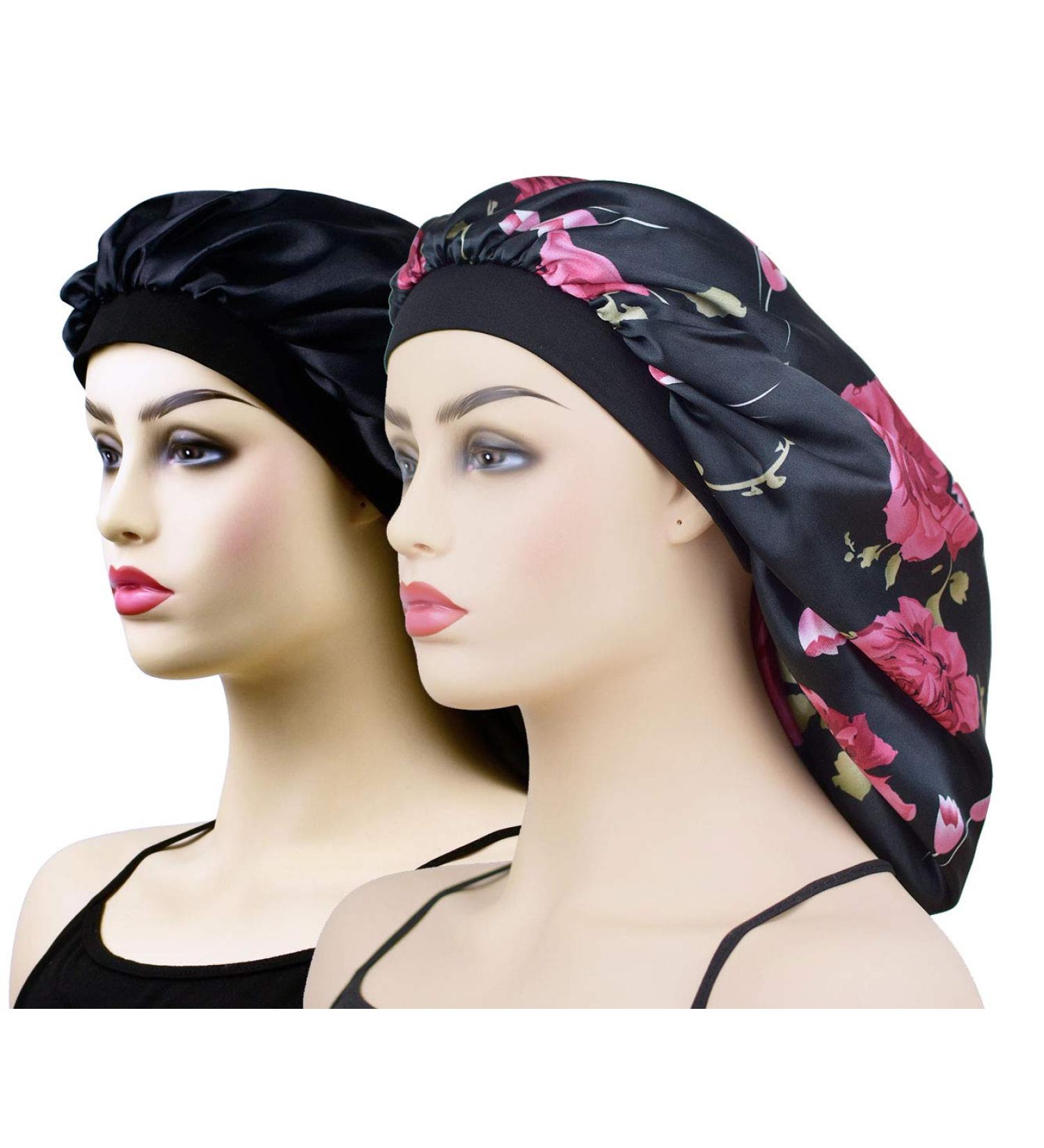 Satin Silk XL Bonnet for Long Hair | Women's Large Black+Rose Night Sleep Cap - Buy Online on GoSupps.com