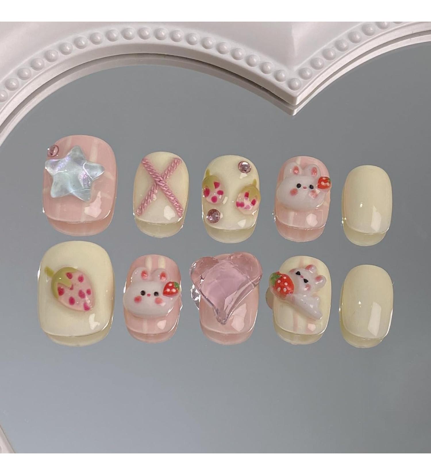 Handmade Wearing Nail New Nail Beauty Cute White Rabbit Nail Patch Finished Detachable Nail Patch False nails 10pcs (Size : S)