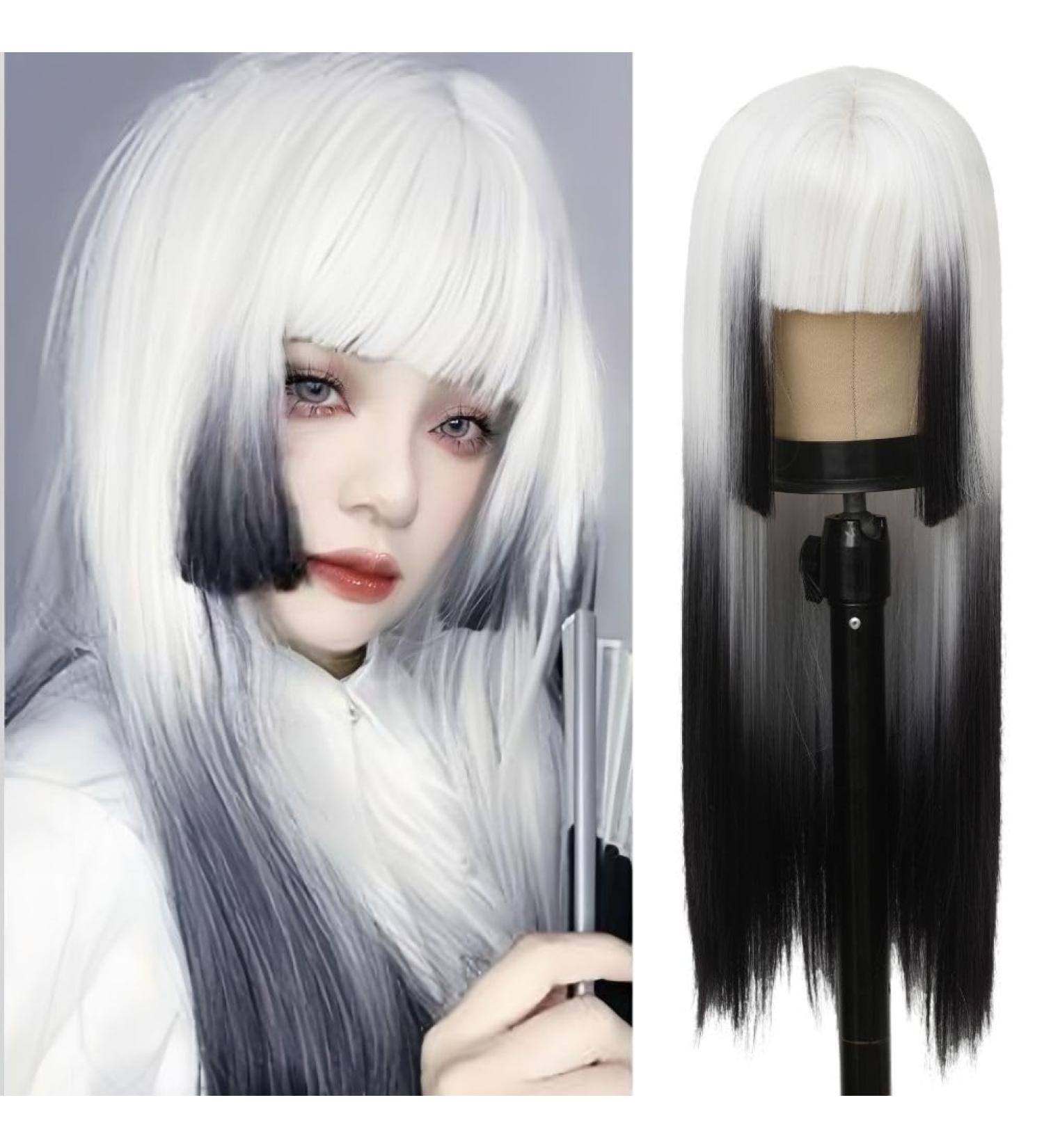 Buy Ombre White to Black Long Wig for Women - Synthetic Heat-Resistant Fiber with Bangs for Cosplay & Halloween - Buy Online on GoSupps.com