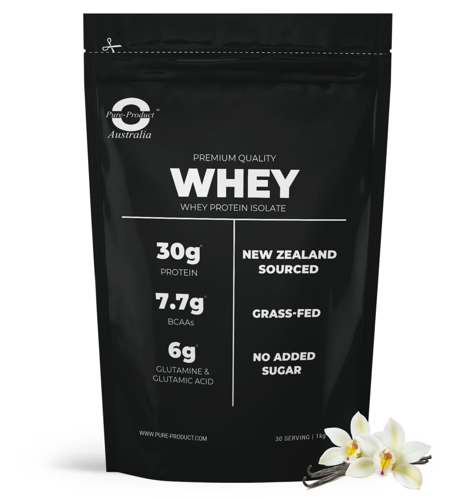 Pure Product Australia 100% Whey Isolate Protein Powder - Fast Absorbing - NonGMO - Easy Digesting- Grass fed - NZ Protein - 30g Protein per Serve - Vanilla 1kg (2.2 lbs) - Buy Online on GoSupps.com