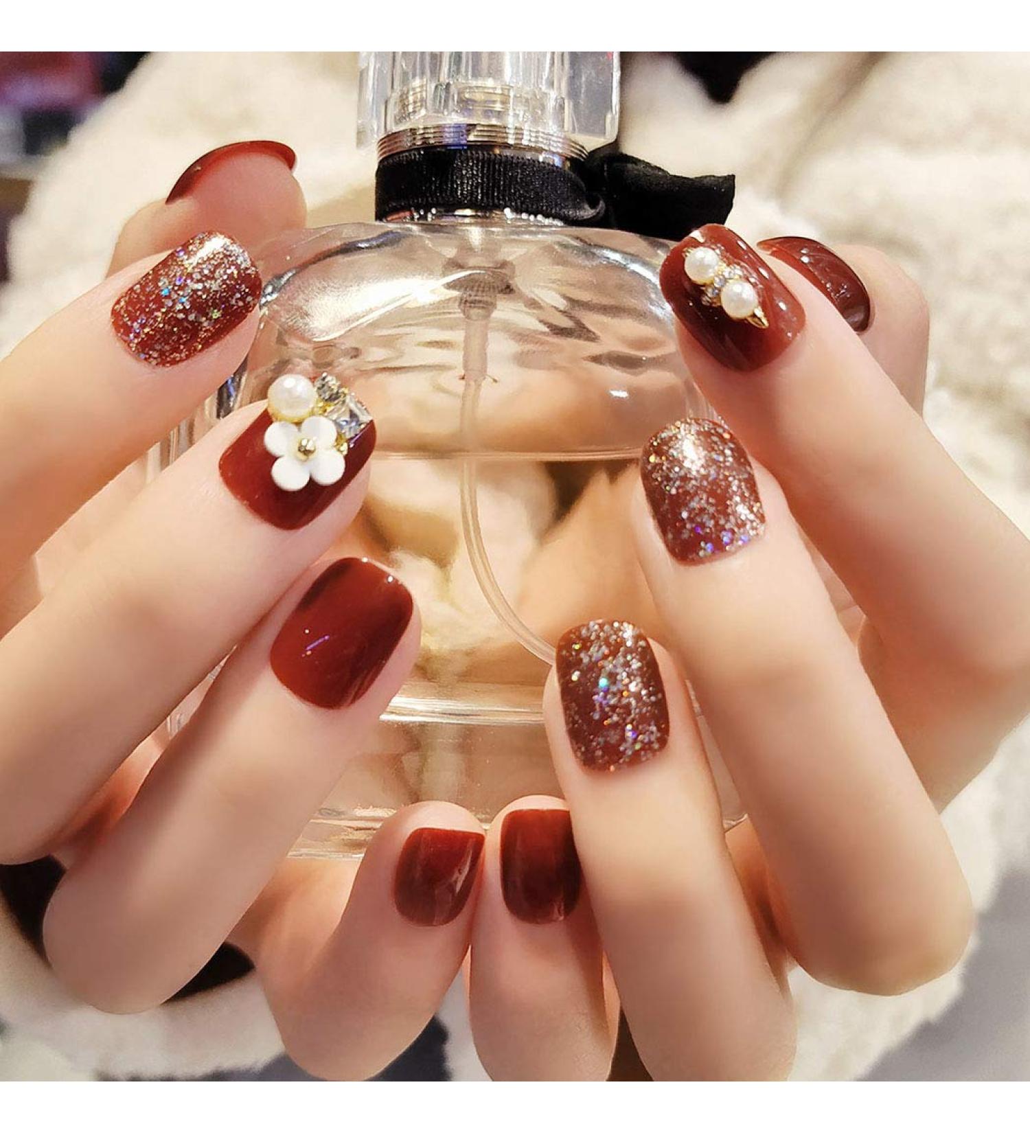 Sethexy Glossy Squoval Short False Nails Flower Glitter Rhinestone Studs Wine Full Cover Acrylic Fake Nails Tips for Women and Girls - Buy Online on GoSupps.com