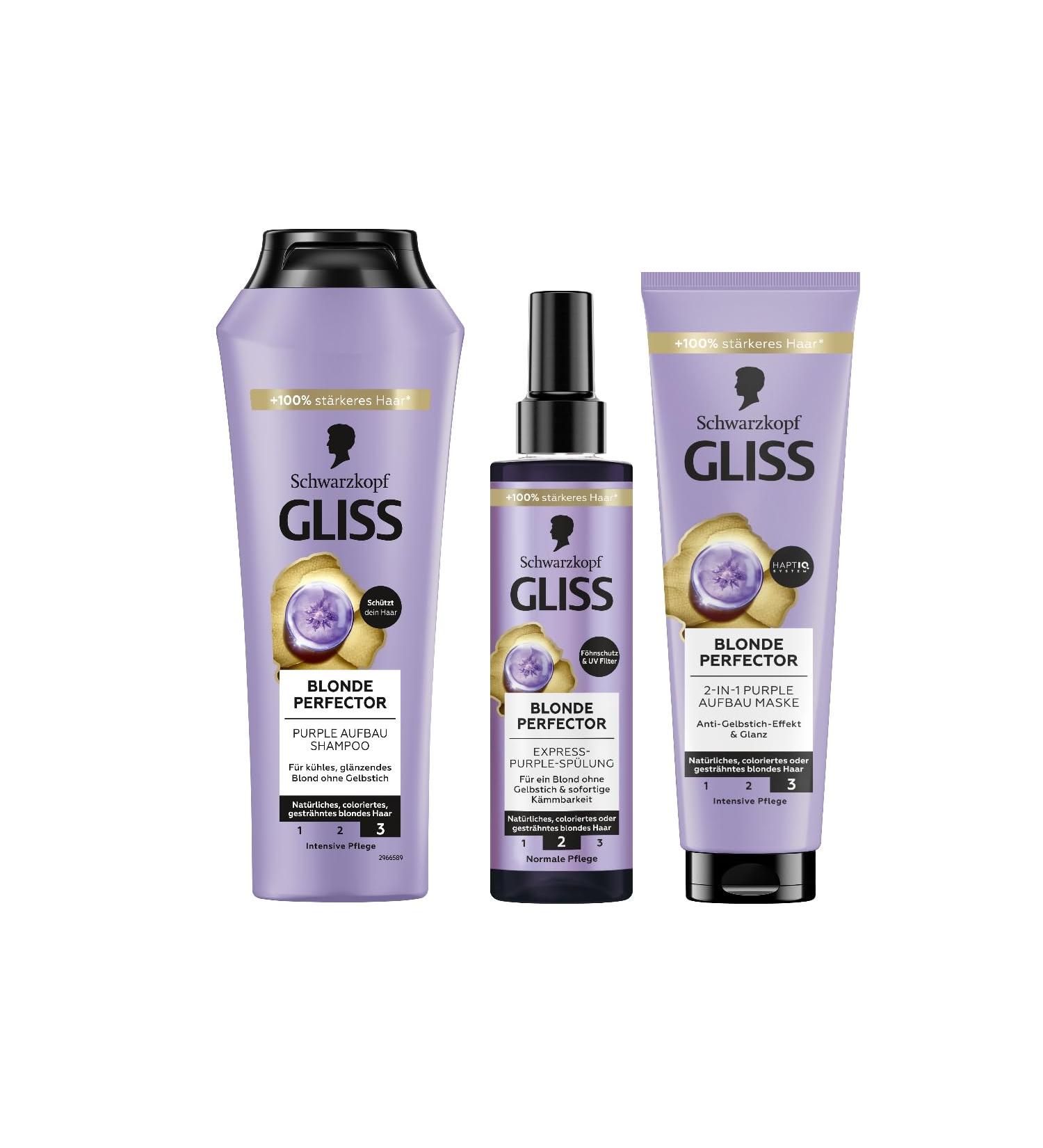 handle Gliss Blonde Perfector Purple Shampoo 250 ml with antiyellowing effect and ExpressPurple Conditioner Blonde Perfector 200 ml for spraying and 2in1 Purple buildup hair mask 150 ml hair treatment 200 ml 3er Pack - Buy Online on GoSupps.com