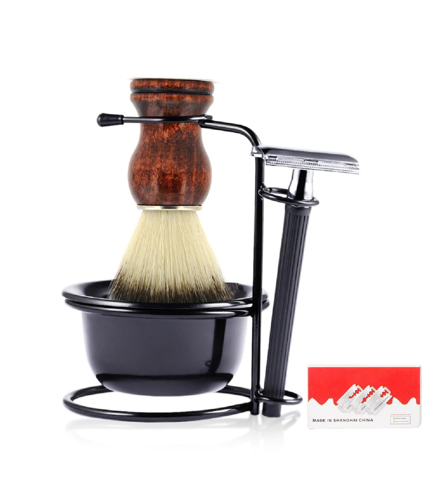 Danweix Safety Razor Brush Set for Men - Manual Razor Stand Brush Bowl & 10 Blades - Perfect Gift Set for Smooth Shaving - Buy Online on GoSupps.com