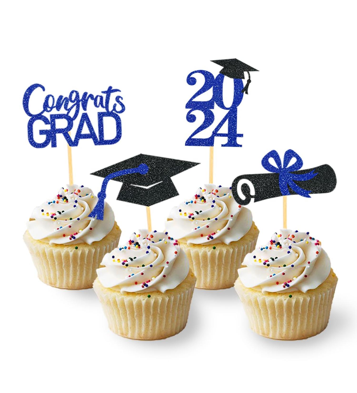 24 Pieces Sparkle 2023 Cupcake Toppers Graduation Cupcake Toppers Bachelier Hat Decoration Graduation Decoration (Black & Blue) - Buy Online on GoSupps.com