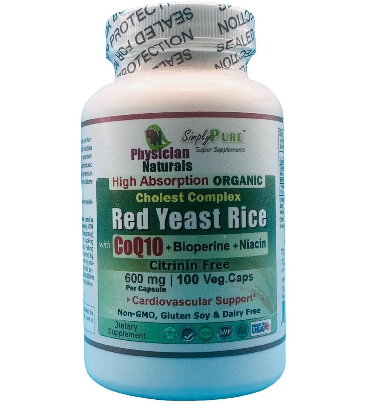 Physician Naturals Organic Red Yeast Rice w CoEnzyme Q10 and Piperine 600 mg High Absorption 100 Veg Caps 1200 mg per Serving