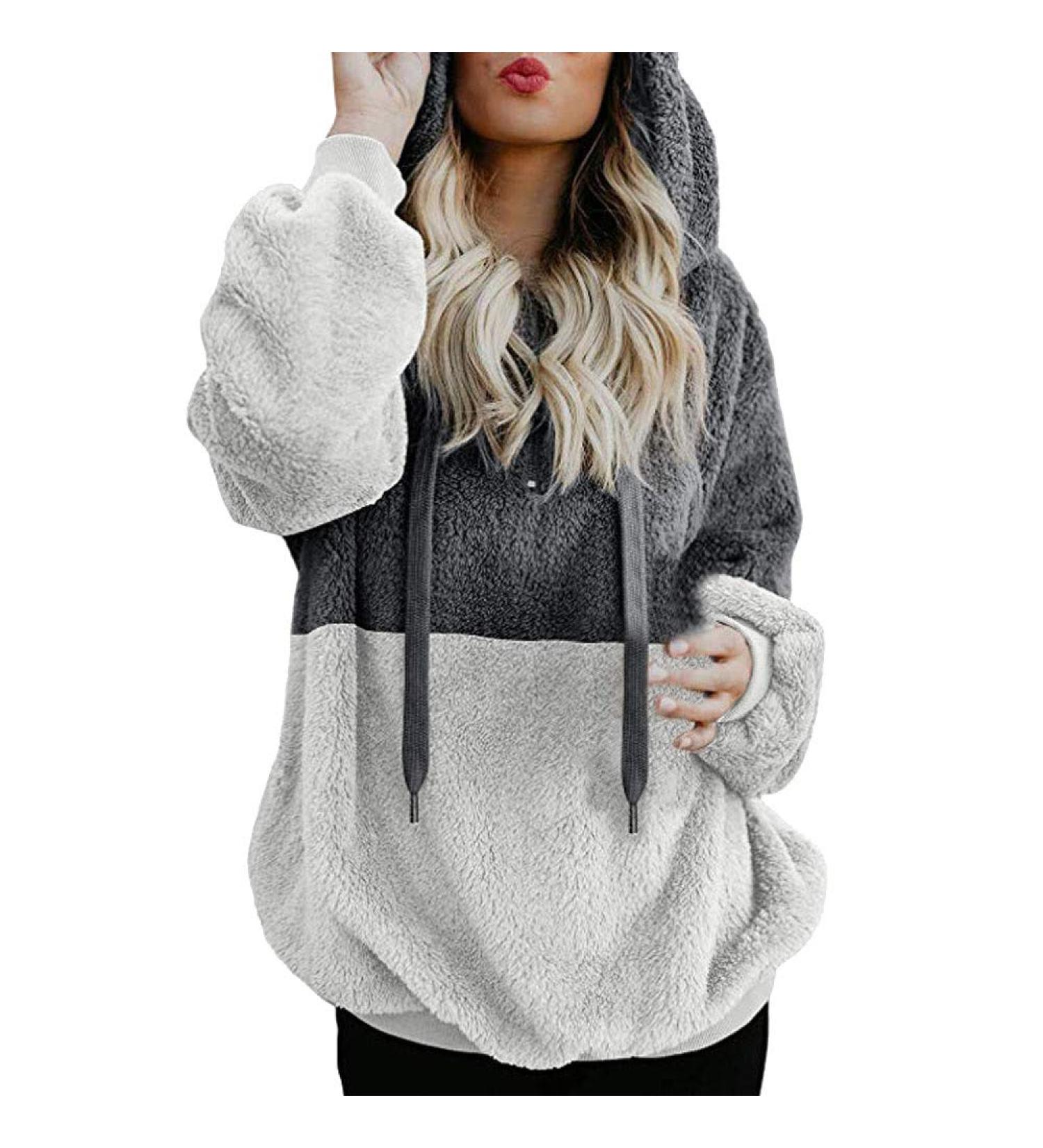 Bigfanshu Womens Sweaters Hooded Sweatshirt Winter Warm Zipper Pocket Pullover Blouse Shirts Gray - Buy Online on GoSupps.com