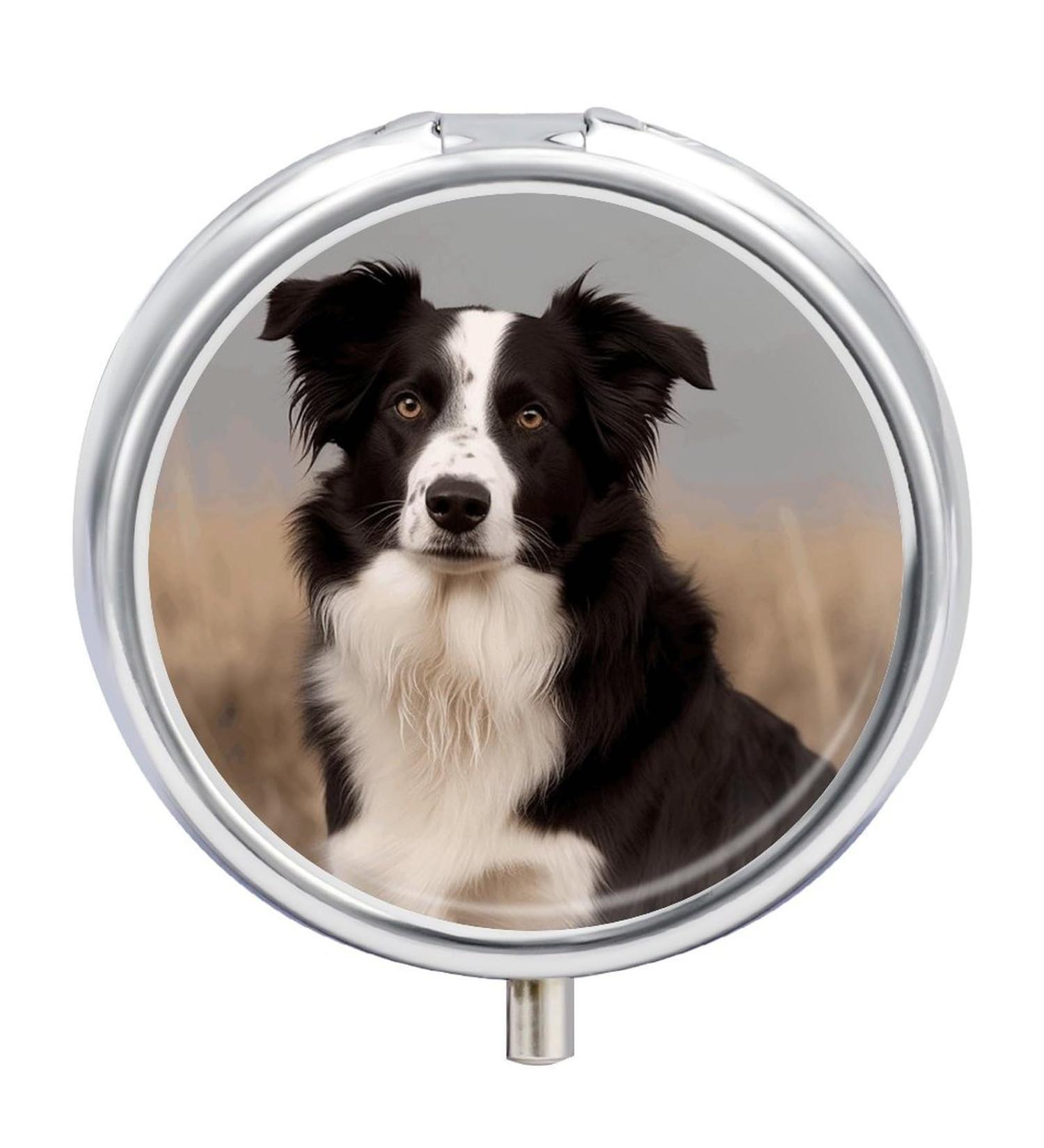 Round Pill Box with Border Collie Print - 3 Compartment Portable Pill Organizer | Decorative Metal Pocket Pill Case - Buy Online on GoSupps.com