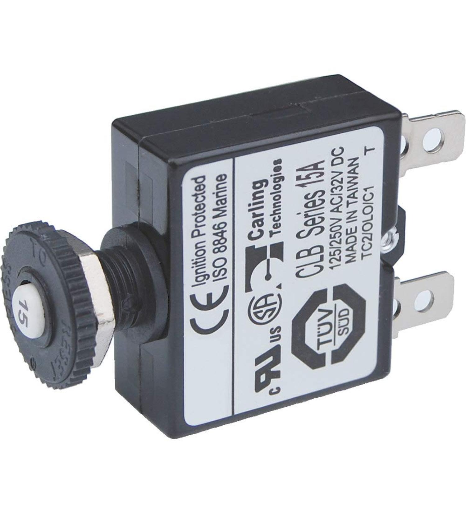 Blue Sea Systems Push Button Reset-Only CLB Circuit Breakers with Quick Connect Terminals 15 Amp Dc
