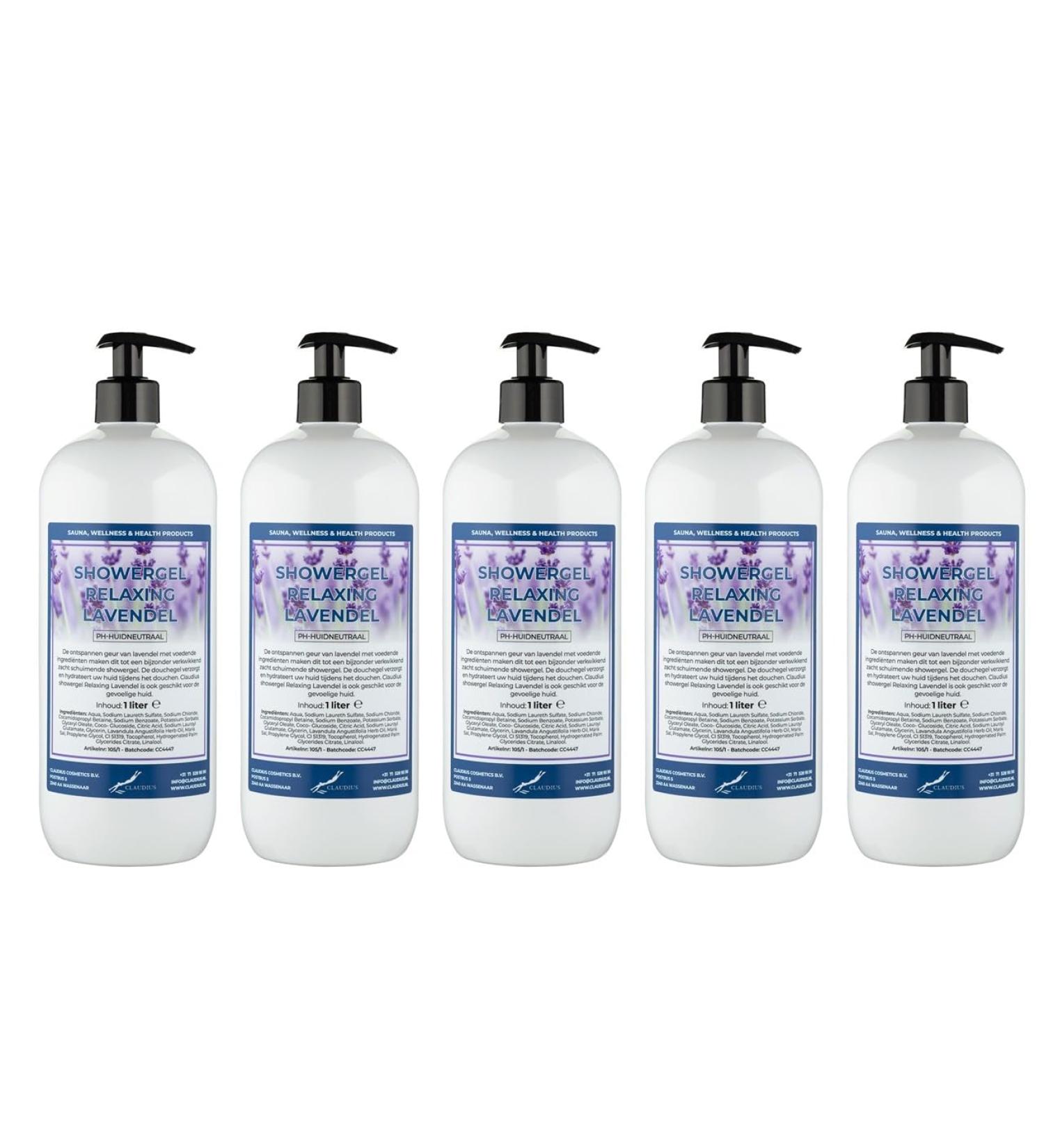 Claudius Showergel Relaxing Lavender 5 x 1 liter with 5 pumps white