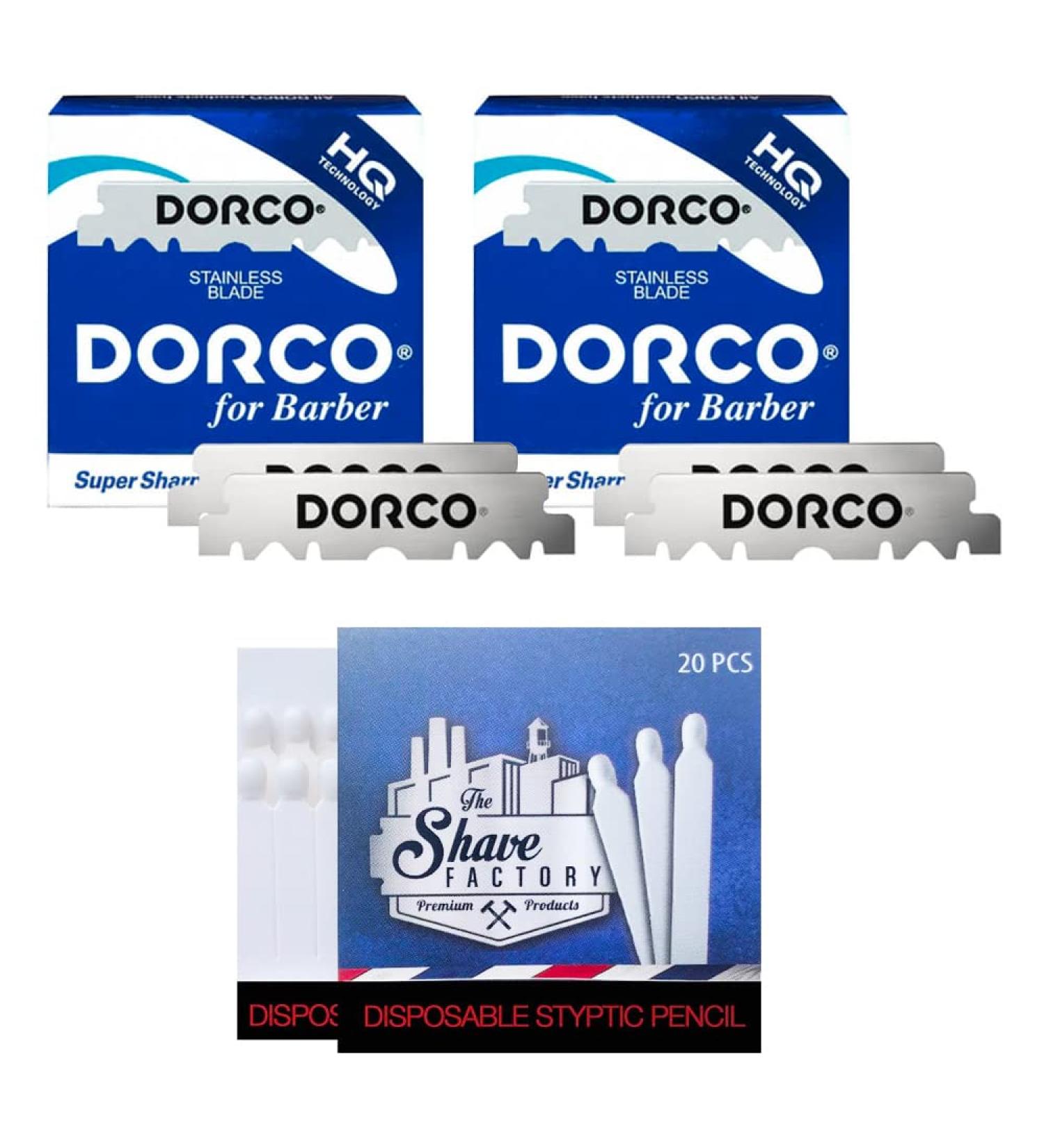 2x 100 DORCO Single Edge Razor Blades (half blades) + 20x The Shave Factory Styptic Matches