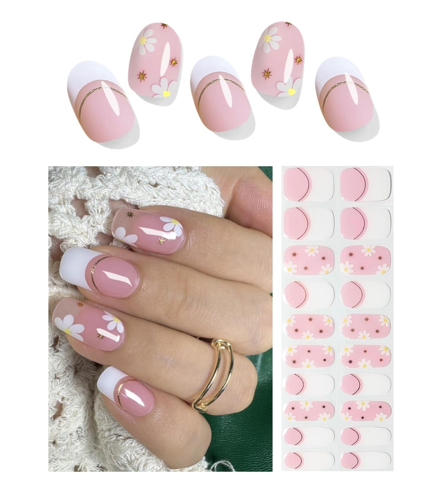 Semi Cured Gel Nail Strips - French Pink Flower | 20pcs UV Gel Nail Wraps for DIY Home Manicure - Buy Online on GoSupps.com