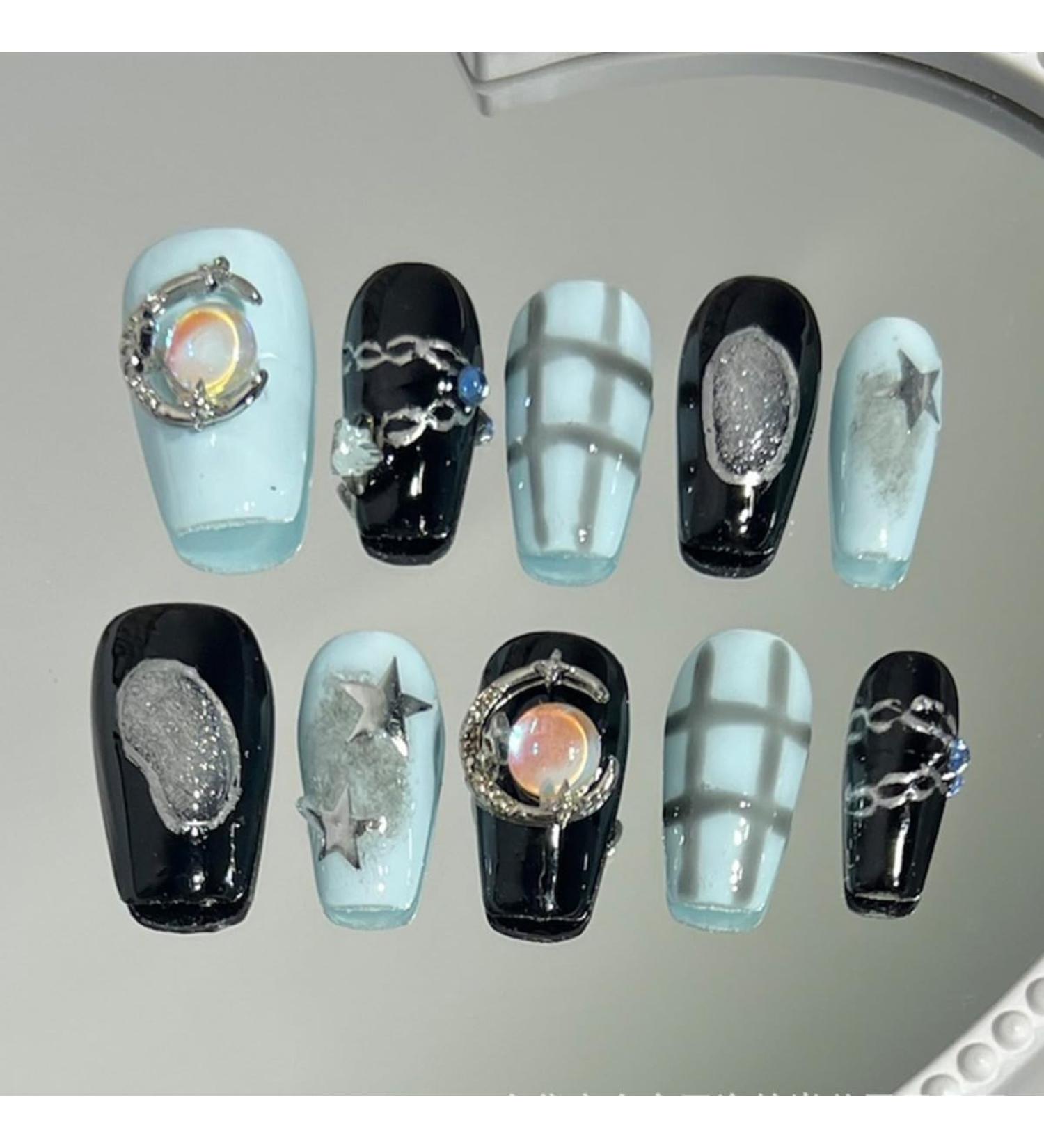 Hand wear nail hot girl sweet cool powder blusher star nail enhancement patch checkerboard blue black 10pcs (Size : S)