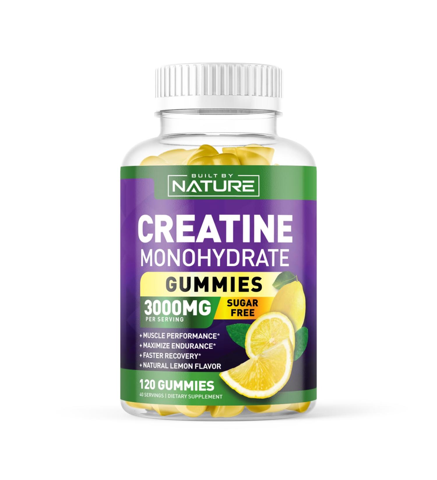 Built by Nature Sugar Free Creatine Monohydrate Gummy for Men and Women Muscle Strength & Energy Boost Pre Workout - Natural Lemon Flavor - 120 Gummies - Buy Online on GoSupps.com