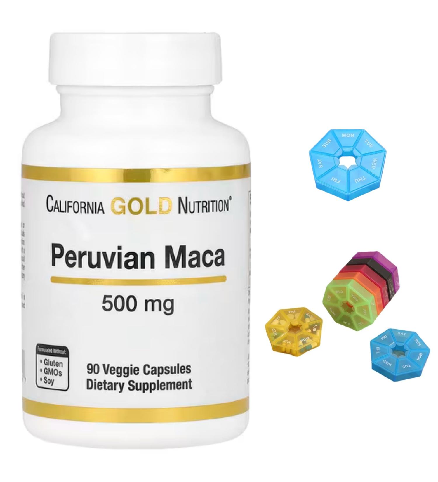 Peruvian Maca Compatible With California Gold Nutrition 500 mg 90 Veggie Capsules + Bonus Pill Organizer Weekly Pill Organizer Mini - Buy Online on GoSupps.com