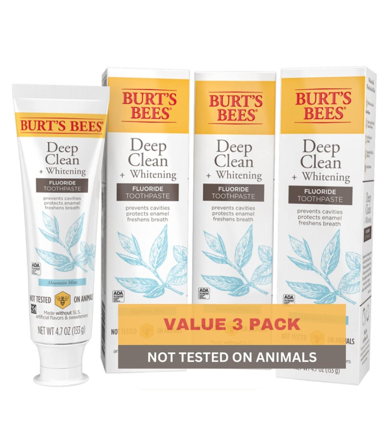 Burt's Bees Deep Clean + Whitening Fluoride Toothpaste 4.7oz (Pack of 3) - Natural Mountain Mint Flavor - Buy Online on GoSupps.com