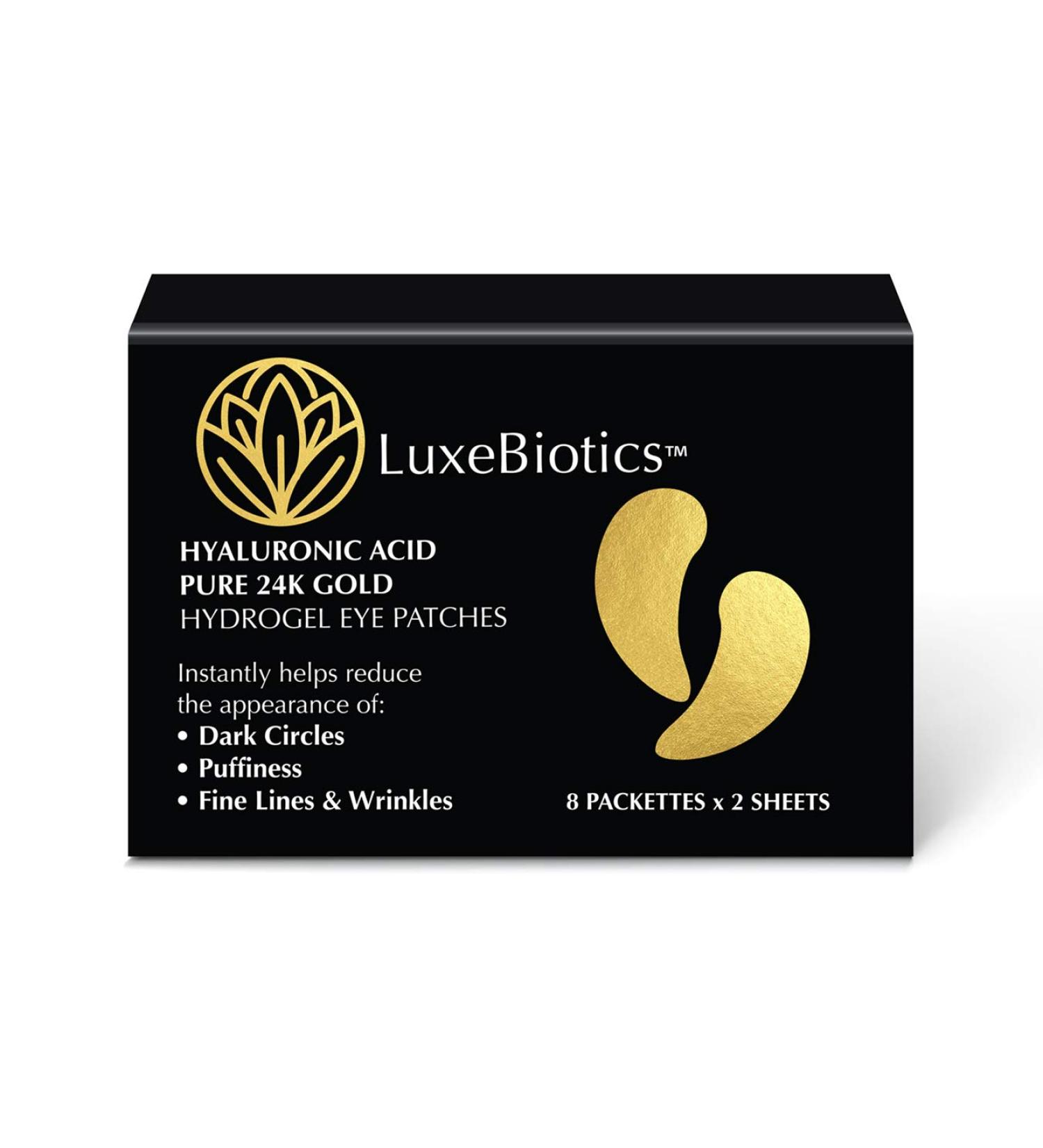 LuxeBiotics 24K Pure Gold Under Eye Patches Hyaluronic Acid Hydrogel Eye Face Mask For Dark Circles Puffiness Eye Bags Fine Lines Wrinkles Anti Aging (1 Box 8 Packs 16 Patches)