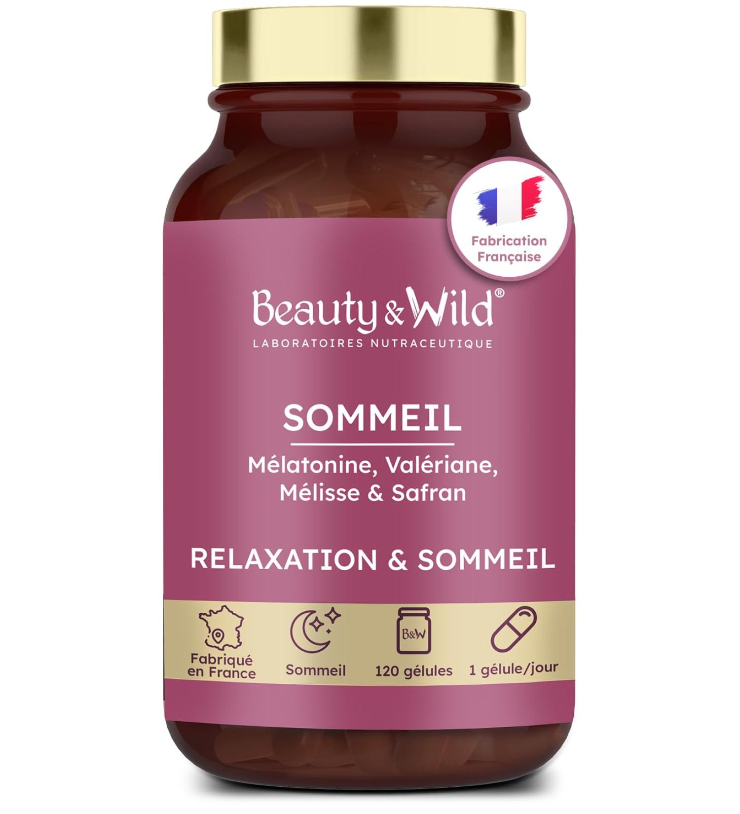 Sleep 1.9mg Melatonin for Better Sleep | FORMAT 4 MONTHS - Calms the mind & body Valerian Lemon balm Saffron Vitamin B6 | No habituation 120 capsules Made in France - Beauty&Wild - Buy Online on GoSupps.com