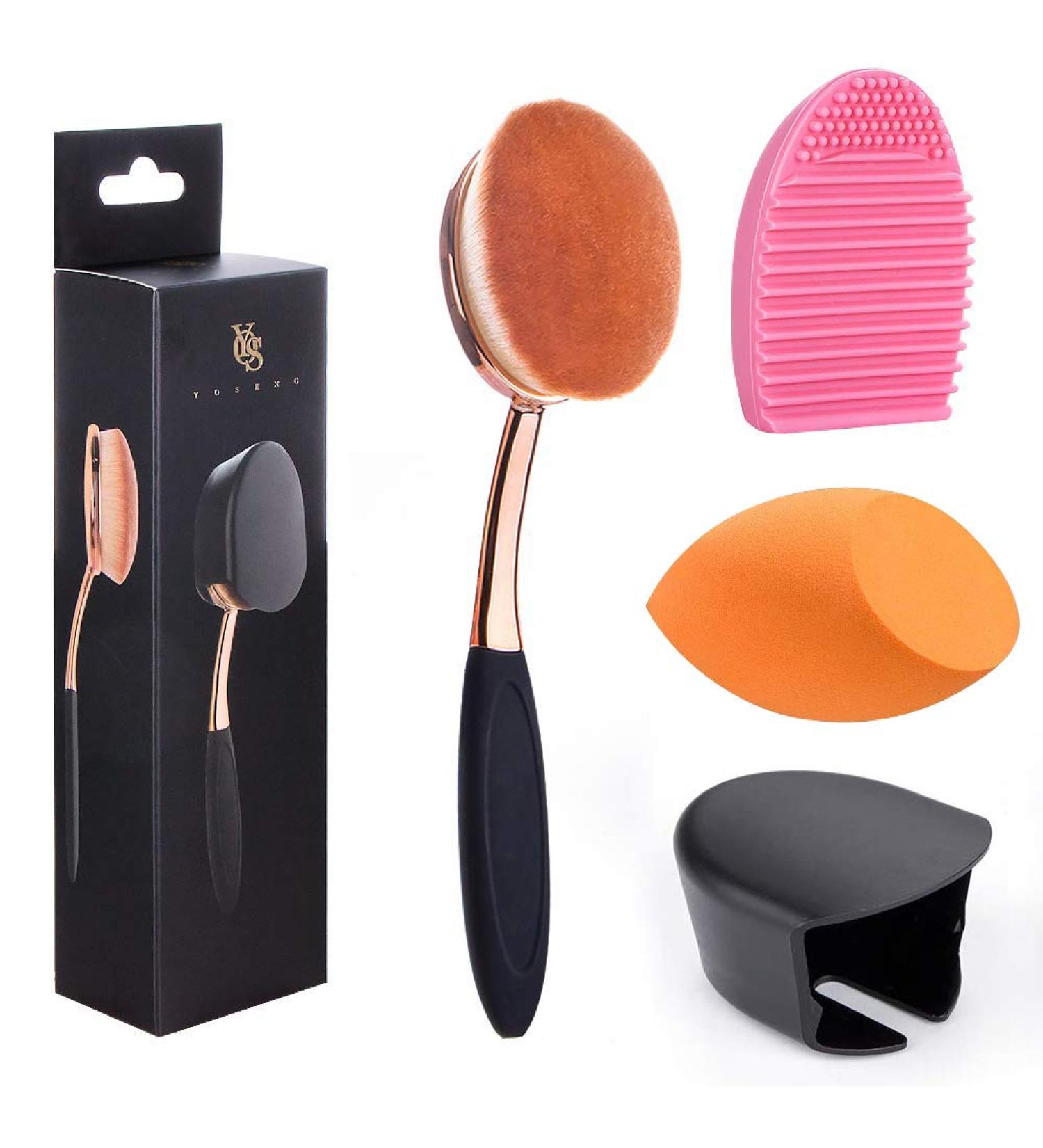 Rose Gold Oval Makeup Brushes Set with Blending Sponge and Cleaner - Buy Online on GoSupps.com