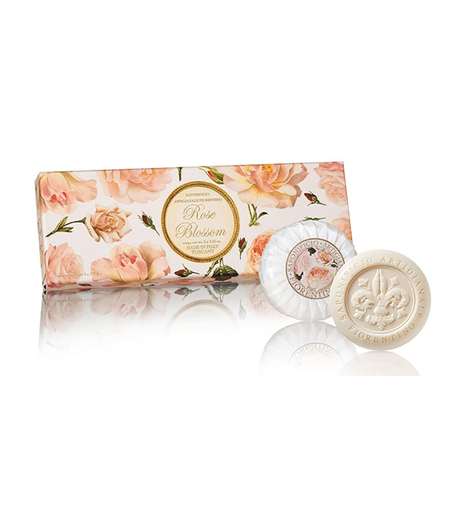 Rose Blossom Set Of 3-3.52 Oz Round Soaps Pleated Wrapping From Italy