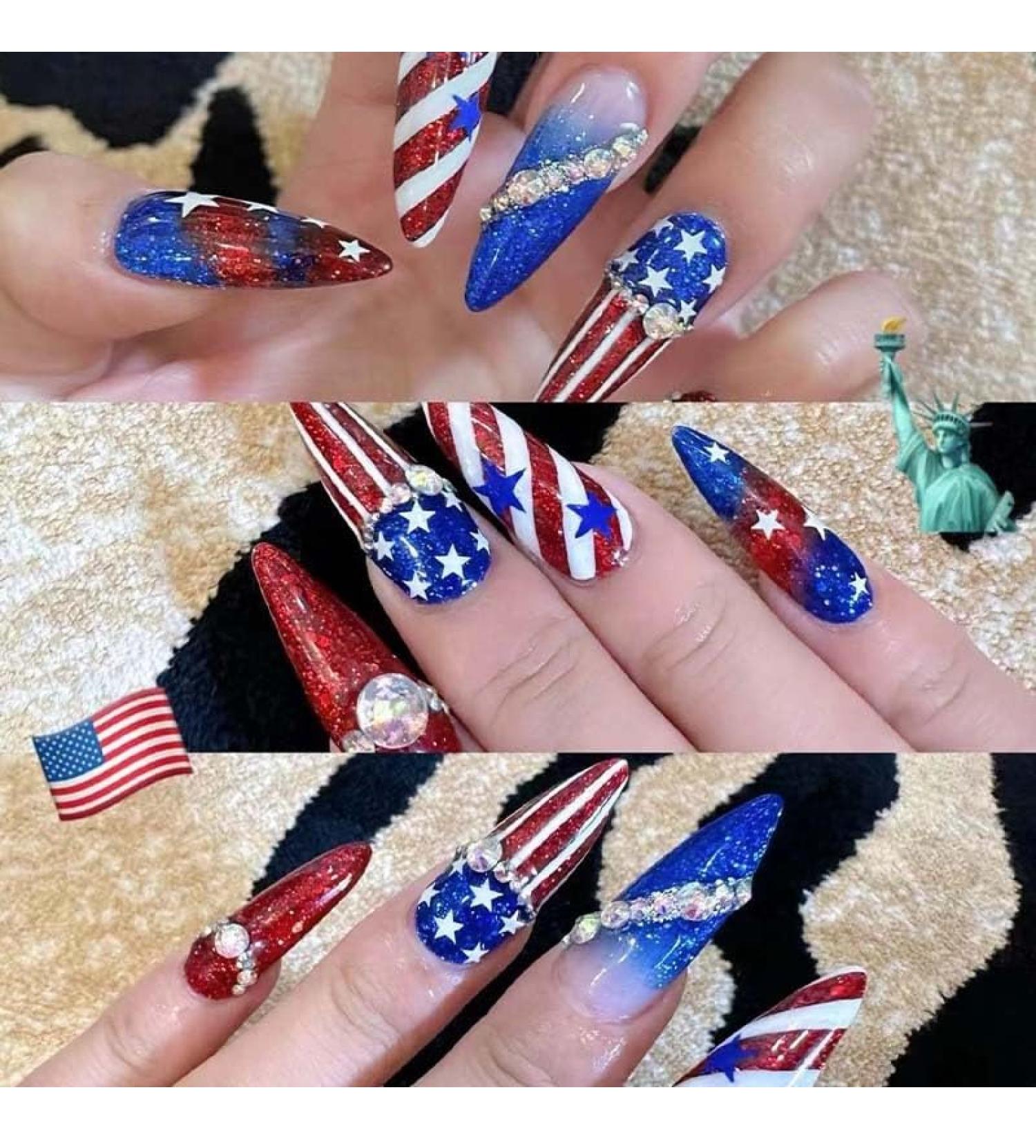 Christmas American Independence Day Flag Wearing Armor Christmas False Nail Wine Red Sweet Cool False Nail Beauty Patch(Color:National flag Size:S)