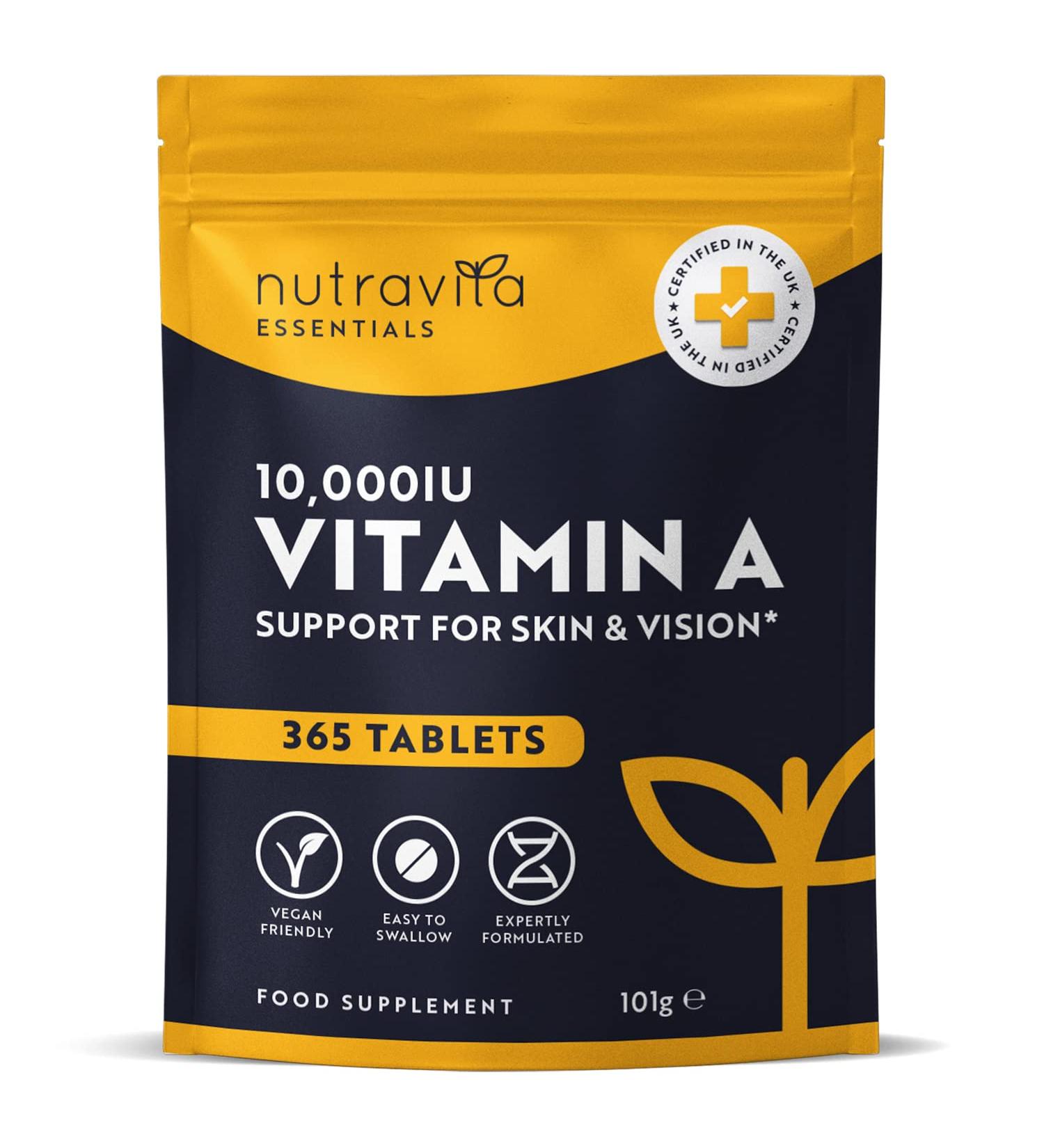 Vitamin A 10,000 IU 365 Tablets - High Strength Supplement for Skin, Eyes & Immune System - Vegan-Friendly - Nutravita - Buy Online on GoSupps.com