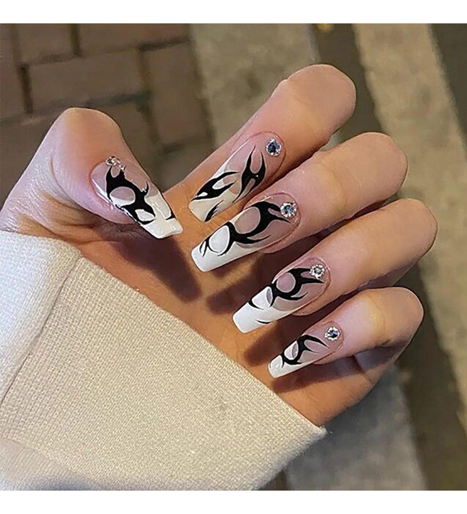 Sethexy Long Ballerina False Fingernails - French Coffin Acrylic Nails with Rhinestones | 24 Press-On Nail Tips for Women & Girls - Buy Online on GoSupps.com