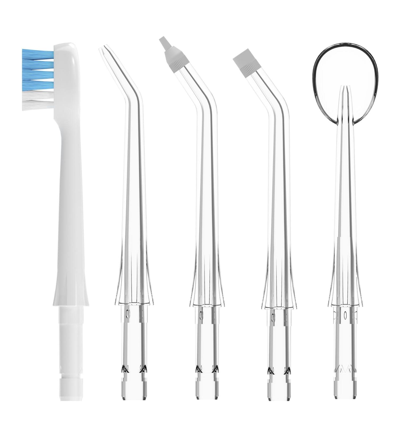 Water Dental Flossers Replacement Jet Tips Compatible with Oral Irrigators 1*Standard Nozzle 1*Periodontal Pocket Nozzle 1*Orthodontic Nozzle 1*Tongue Scraping Nozzle 1* Toothbrush