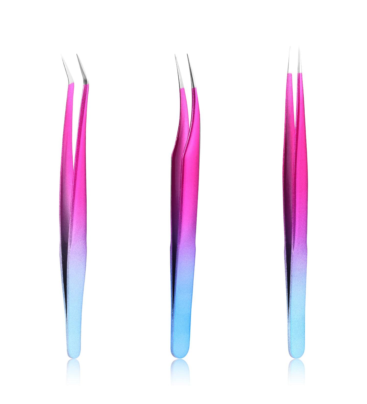 Lash Tweezers Set - 3Pcs Stainless Steel Eyelash Extension Tweezers | Straight and Curved Styles for Removing False Eyelashes and Nails | Red-Blue Gradient - Buy Online on GoSupps.com