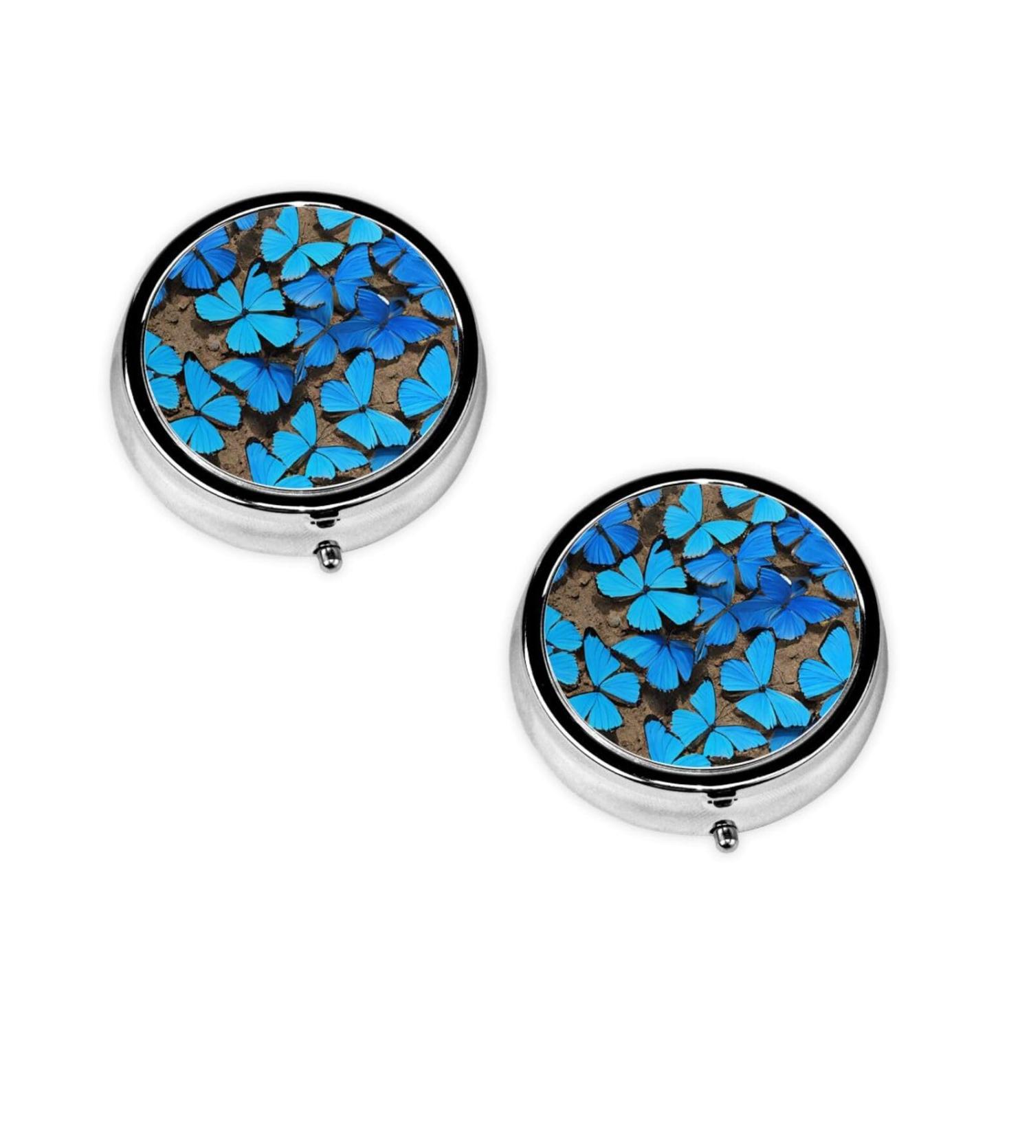 Blue Butterfly Printed Mini Round Pill Box - Portable 3 Compartment Pill Organizer for Travel Home & Office Use - Buy Online on GoSupps.com