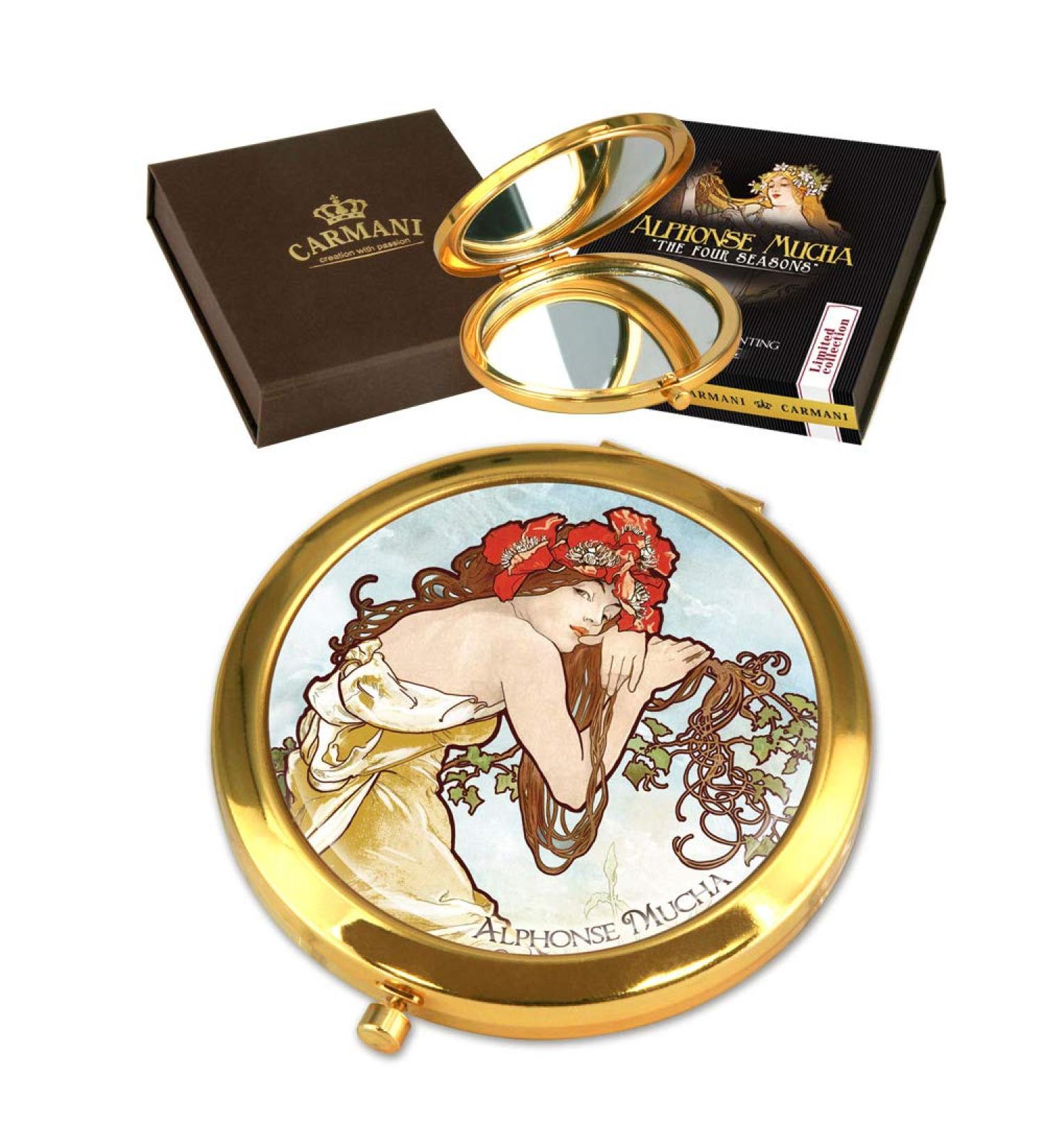 CARMANI - Gold plated bronze pocket compact travel mirror decorated with Mucha 'Summer' painting