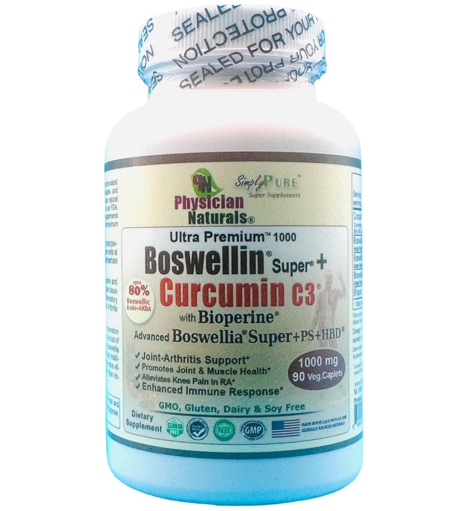 Physician Naturals Advanced Boswellin Super with Curcumin C3 1000mg - 90 Caplets, Joint & Colon Support - Buy Online on GoSupps.com