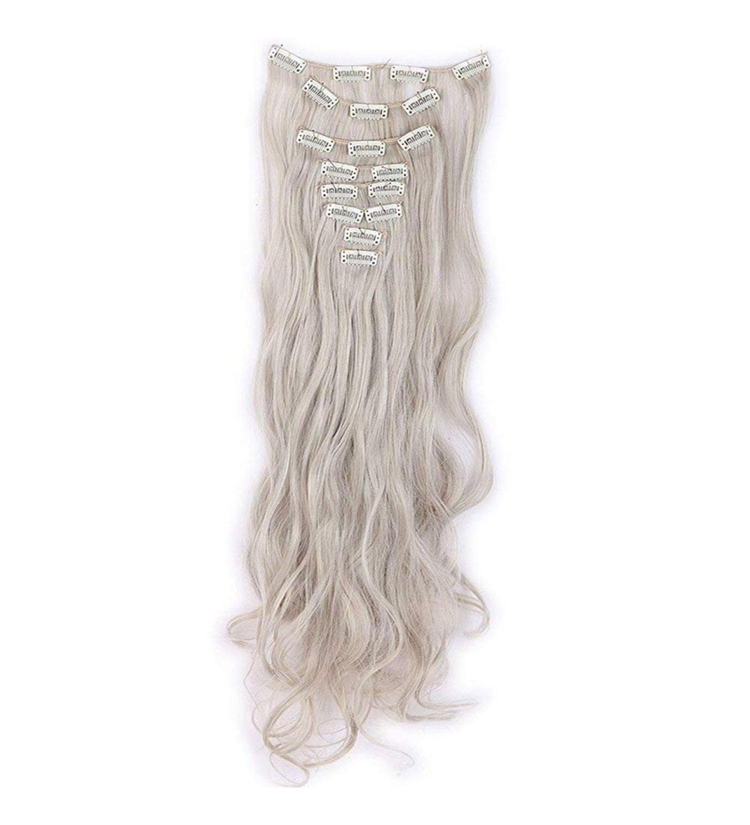 Clip-In Hair Extensions - 18 Clips 60cm Wavy Ash Blonde & Silver Gray - Realistic Synthetic Tresses for Full Head Coverage - Buy Online on GoSupps.com