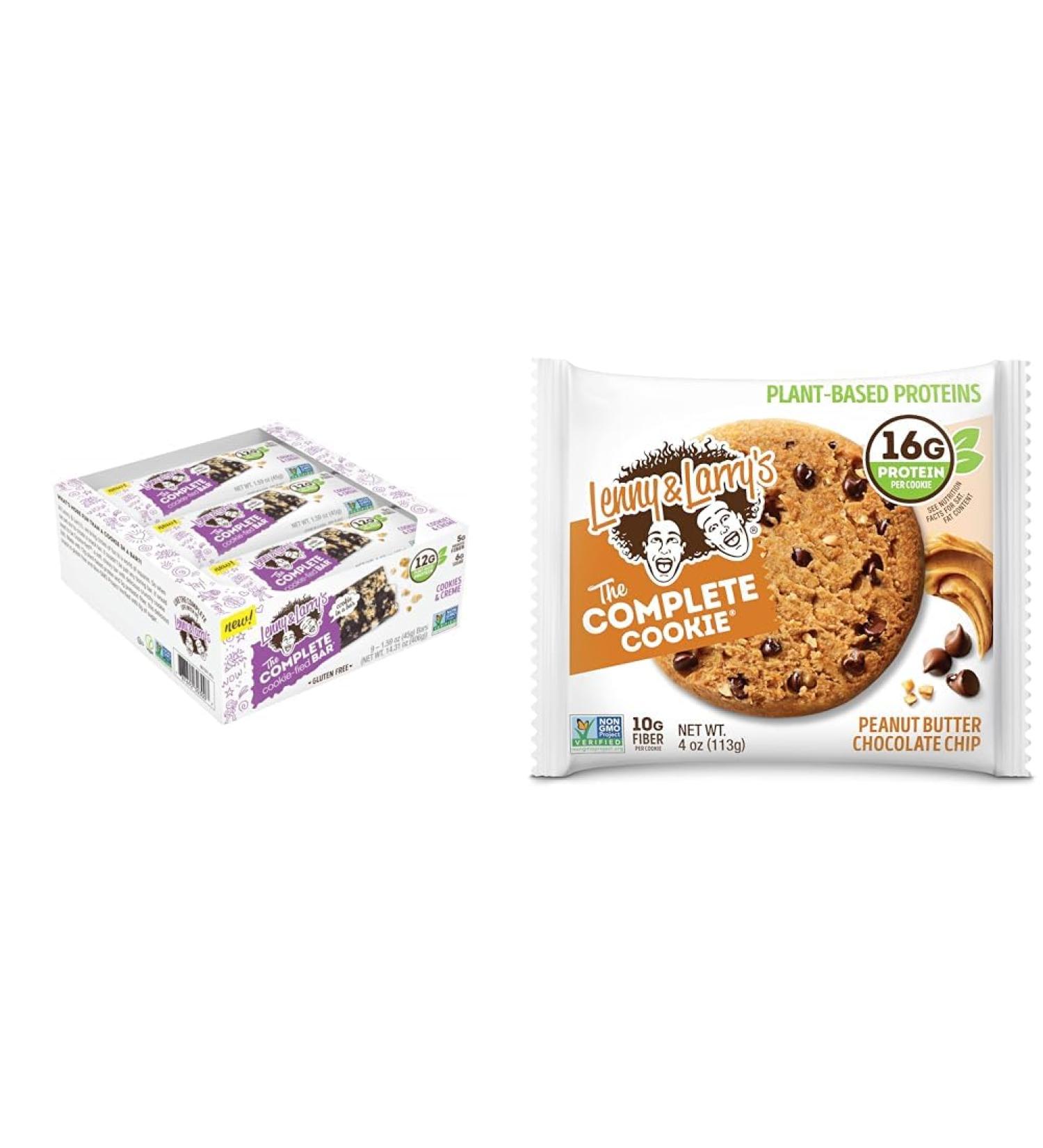 Lenny & Larry's The Complete Cookie-fied Bar Plant-Based Protein Bar Vegan and Non-GMO & The Complete Cookie Peanut Butter Chocolate Chip 16g Plant Protein 4 Ounce Cookie - Buy Online on GoSupps.com