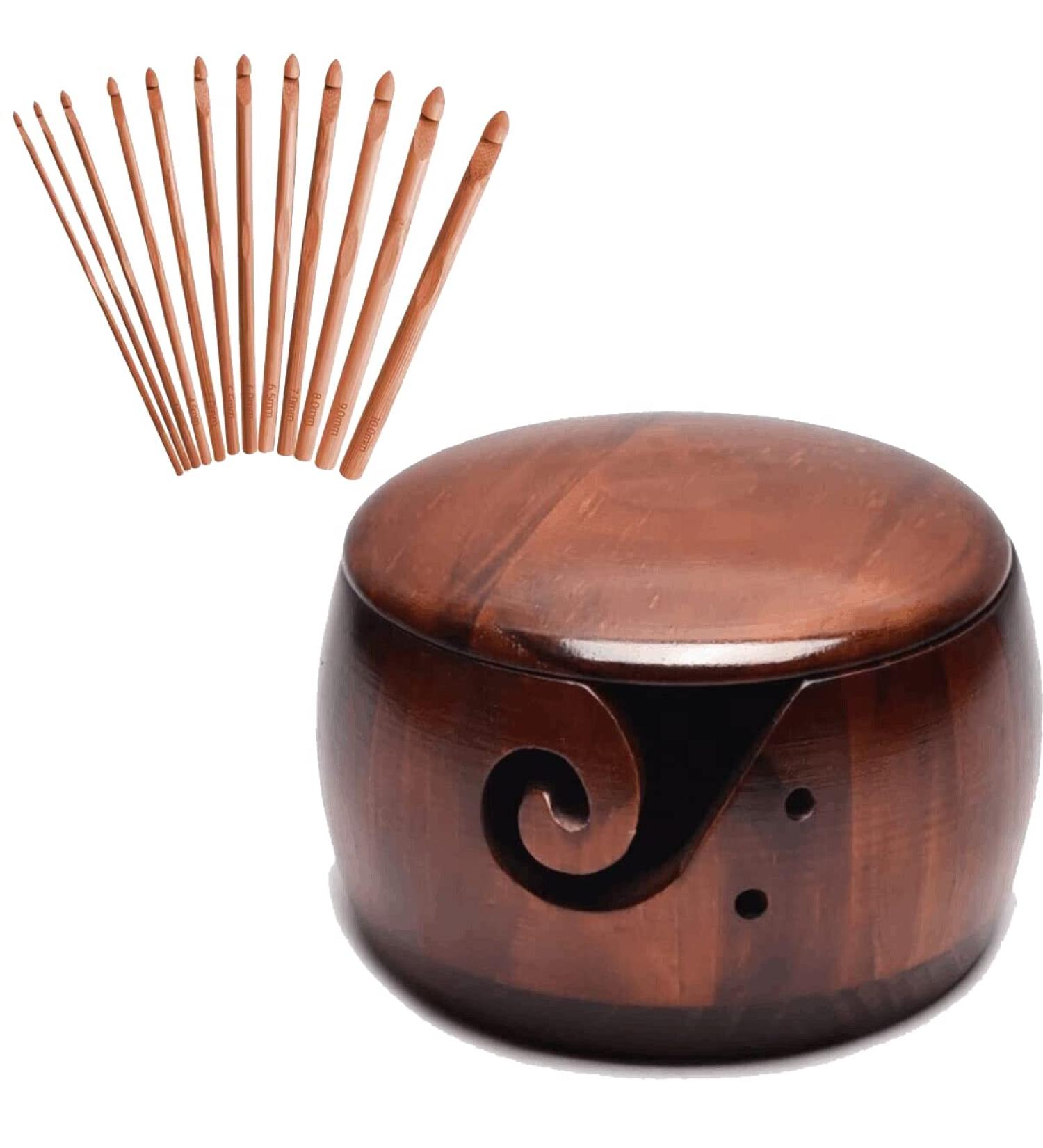 Handmade Dark Wood Yarn Bowl with Lid - Yarn Ball Holder for Knitting and Crochet - 12 Crochet Hooks Included - Buy Online on GoSupps.com