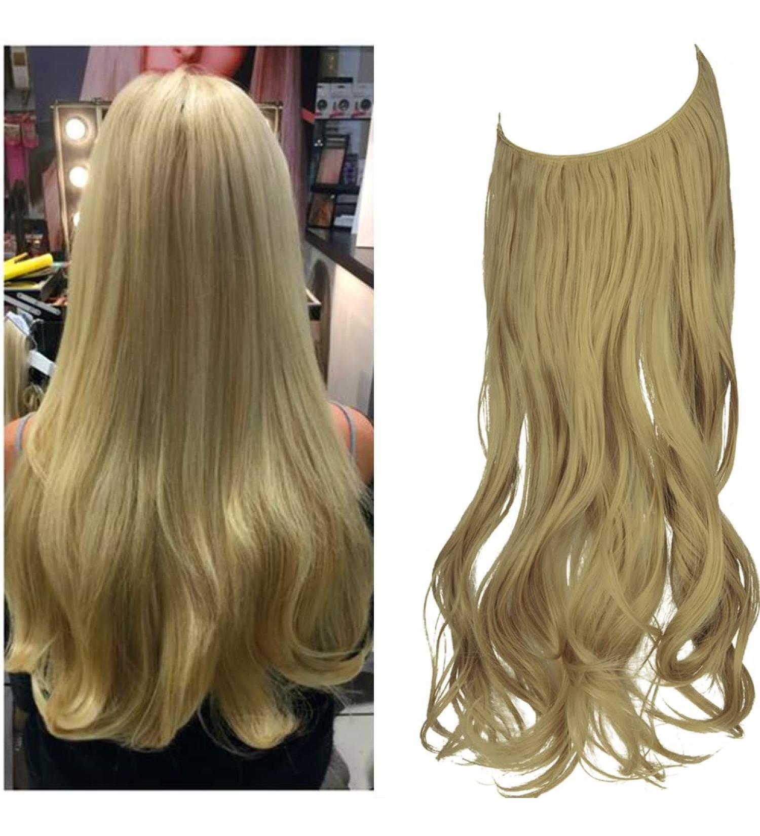 OMGRET Ash Blonde Ombre Halo Hair Extension - Wavy Curly Synthetic 18 Inch - Invisible Wire - Heat Friendly - No Clip - 4.2 Oz - Women's Hair Piece - Buy Online on GoSupps.com
